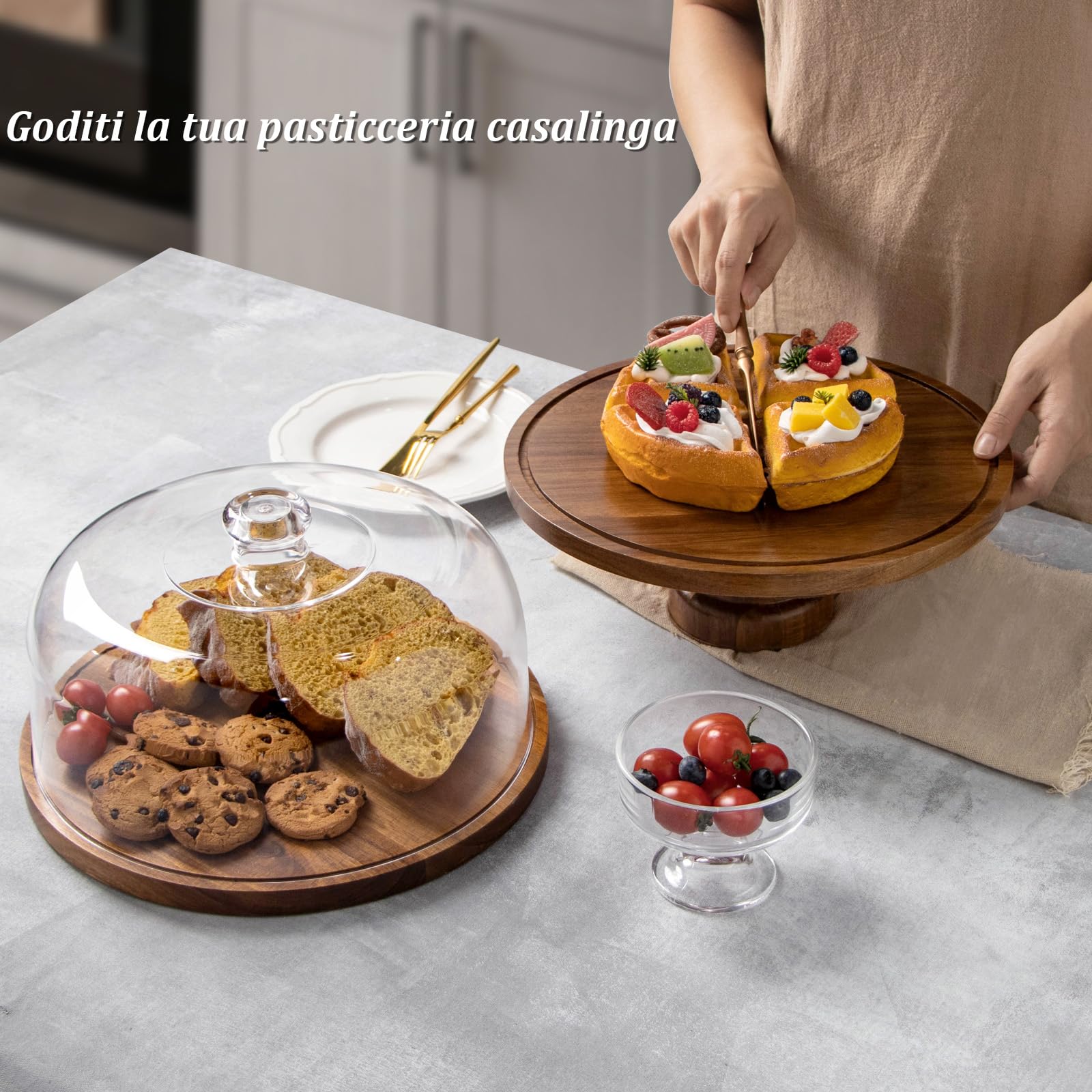 ANBOXIT Alzata Torta con Coperchio, Alzatina per Dolci in Legno di Acacia, Alzata per Dolci in Plastica, Espositore per torte con Cupola in Acrilico, Alzata per Torta Decorativa in Legno (Piedi)