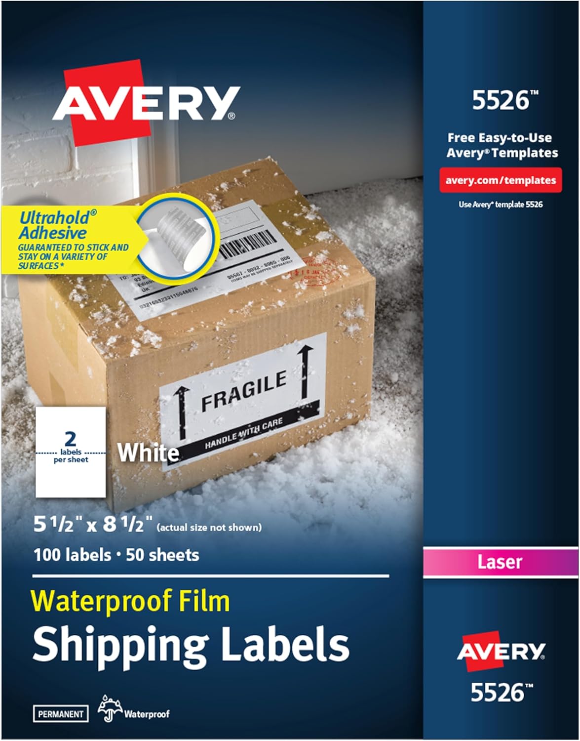 Avery Durable Waterproof Shipping Labels with Sure Feed Technology, 5.5" x 8.5", White, Laser Compatible, 100 Blank Labels Total, Great for Mailing, Branding, and More (5526)