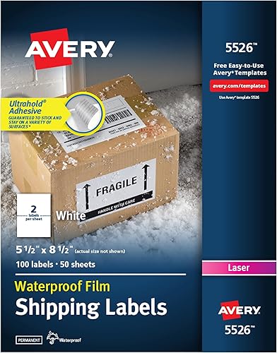 Avery Etiquetas de envío imprimibles impermeables con alimentación segura, 5.5 x 8.5 pulgadas, blancas, 100 etiquetas de correo en blanco (5526)