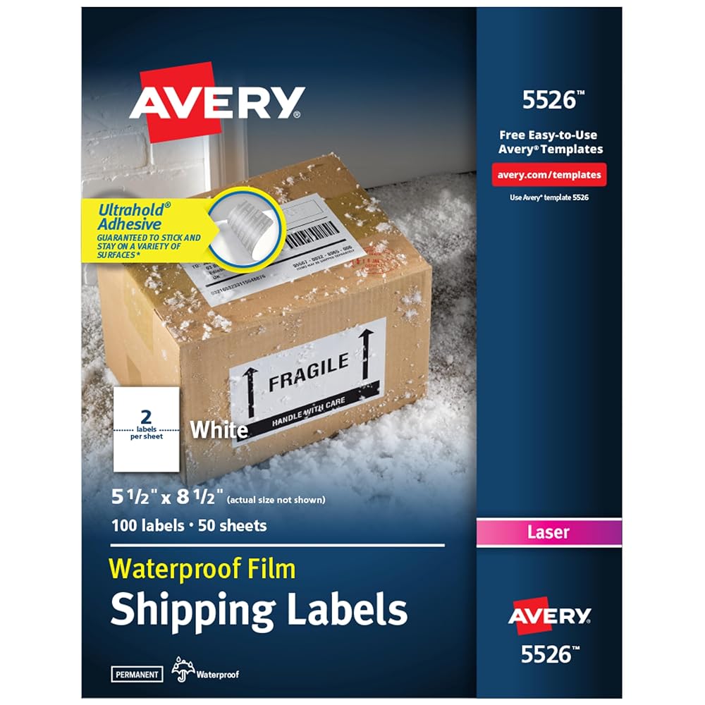 Avery Durable Waterproof Shipping Labels with Sure Feed Technology, 5.5" x 8.5", White, Laser Compatible, 100 Blank Labels Total, Great for Mailing, Branding, and More (5526)