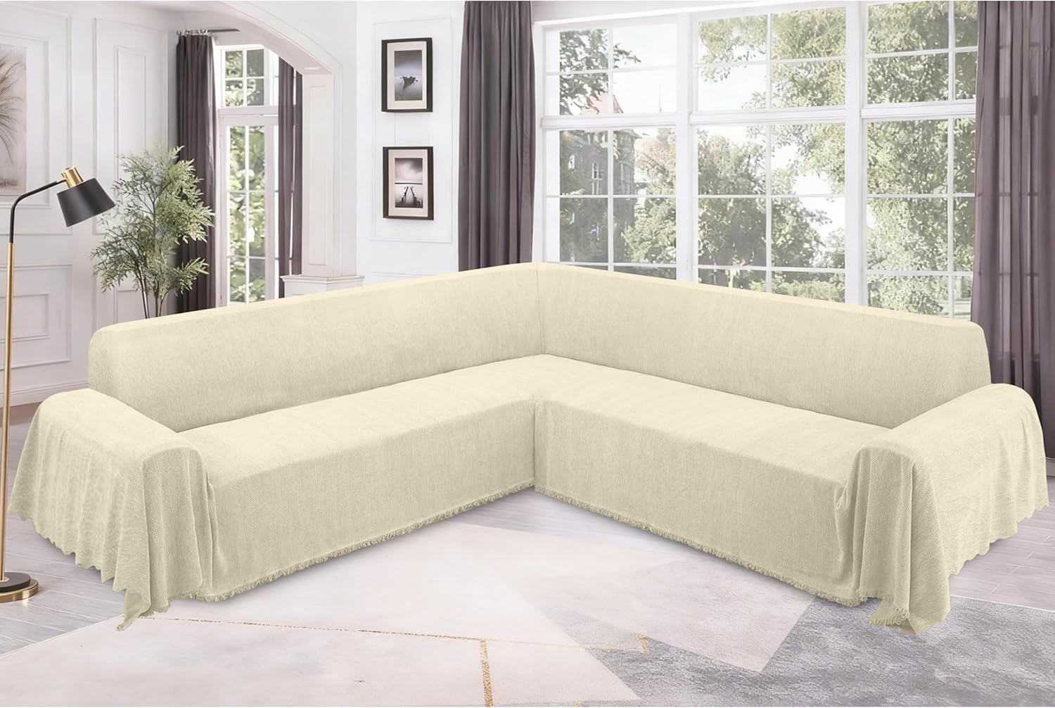 ALIECOM Corner Sectional Couch Covers L Shape Sofa Cover with Tassel Chenille Soft Thick U Shaped Sectional Slipcovers Washable Furniture Protector for Pets Dogs Cats (Beige, 91x275 Inch)