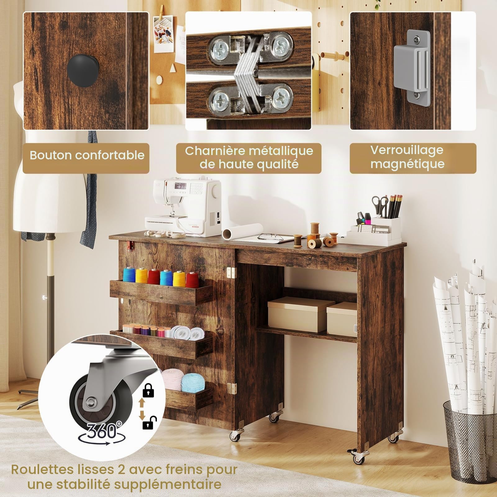 FANTASK Table de Couture et Bureau Pliable avec 3 étagères, Armoire de Machine à Coudre 2 en 1 pour bobines et roulettes verrouillables, Armoire à Couture en Bois pour Bureau, Salon et Chambre à
