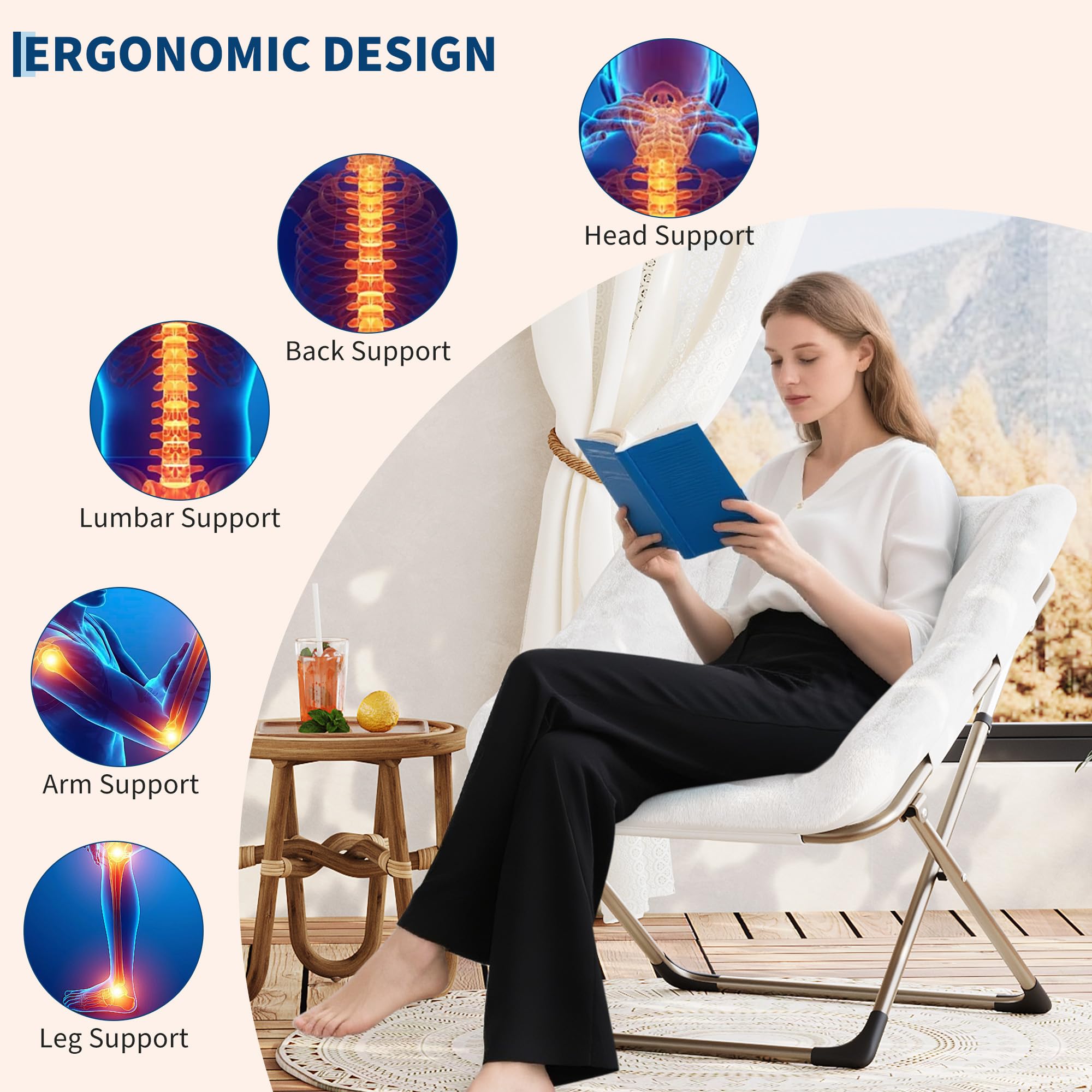 Sillon Plegable Sillon Para Salon Dormitorio Relax Moon Silla Portátil Sillons De Lectura De Metal, Estructura De Acero y Piel Sintética Suave Reposacabezas Alto Respaldo Alto Capacidad 136 Kg Peluche
