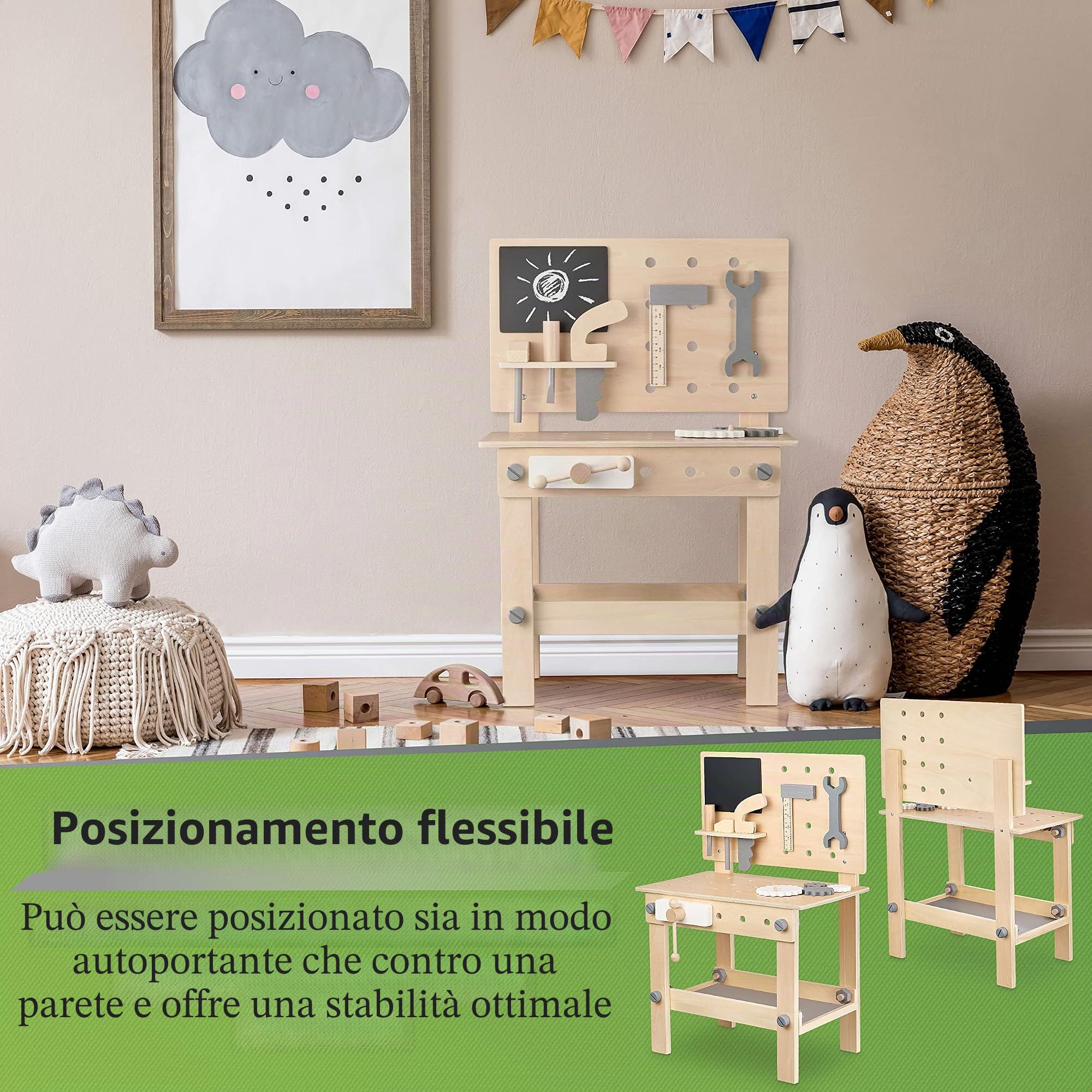 BALINCO Workbench Bambini in Legno, Laboratorio con Attrezzi per Bambini, Sega, Angolo, cacciavite, Ruote dentate, morsa, tavola, Accessori, Giocattoli in Legno a Partire da 3 Anni