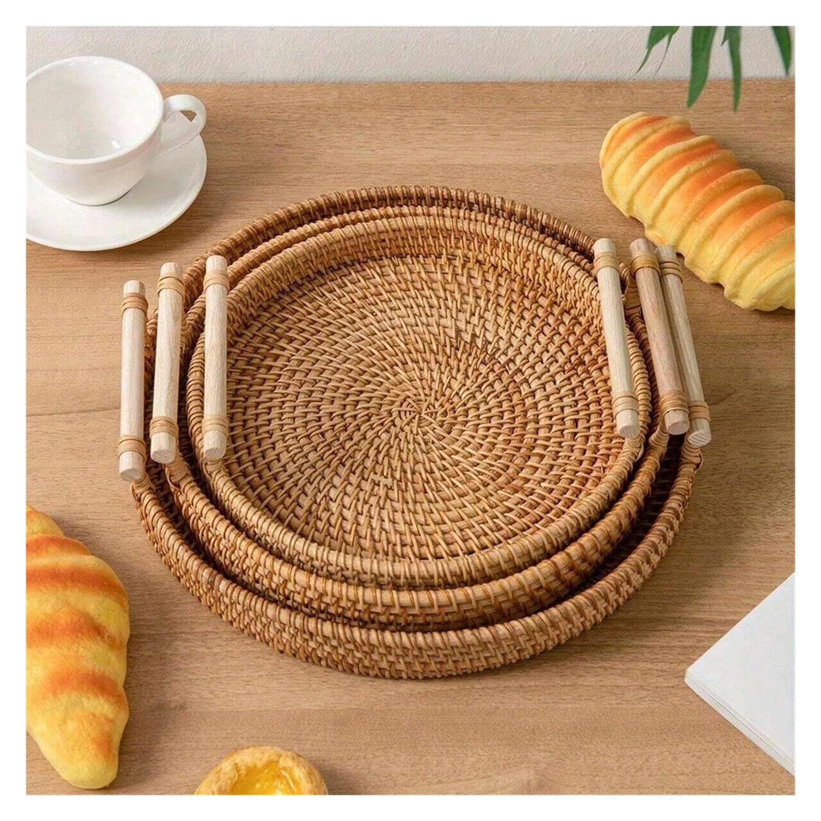 Cesta de almacenamiento mimbre tejida con asa correa, bandeja redonda for pan, aperitivos, frutas, Picnic, Organización del hogar para Dormitorio(L)