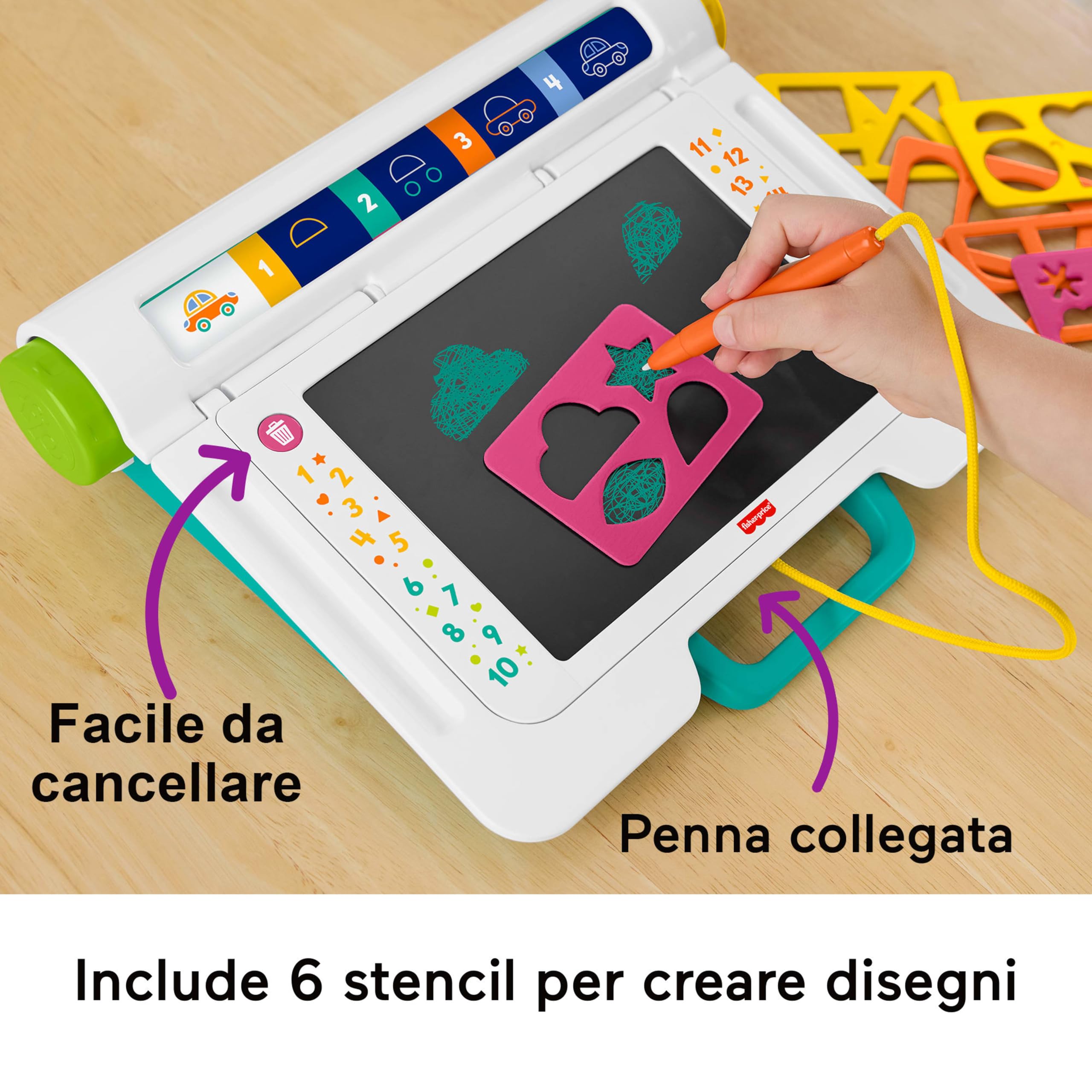 Fisher-Price Postazione Impara e Scarabocchia, Tablet per Scrivere e disegnare con Schermo LCD e 6 Stencil Incluso, attività per l'apprendimento, Giocattolo per Bambini, 3+ Anni, JDL70