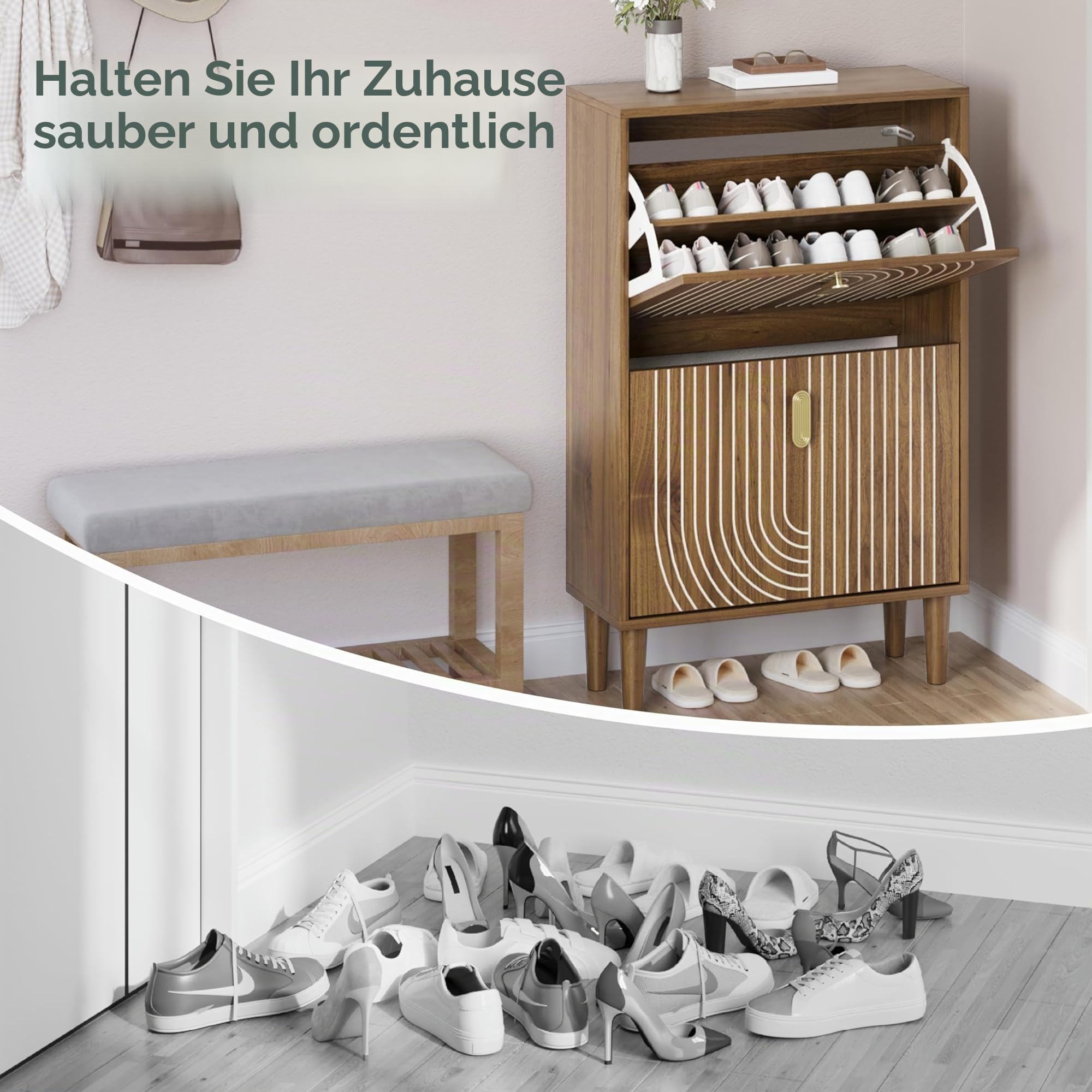 Smuxee Schuhschrank mit 2 Klappfächern, 60 cm Nussbaum Optik Schuhschrank mit Rillendesign, freistehender Schuhorganizer für Flur, Diele & Wohnzimmer