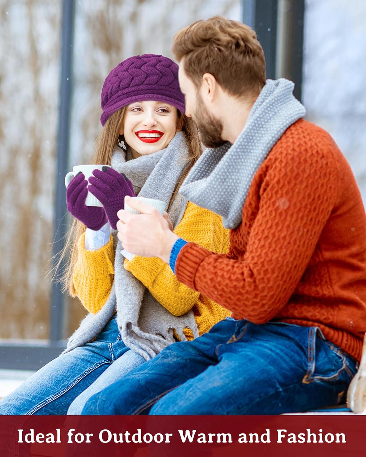 Newcotte 8 Pcs Women Hats Gloves Winter Set, Warm Cap Beanie Hat Knit with Visor Snow Ski Caps and Touch Screen Gloves