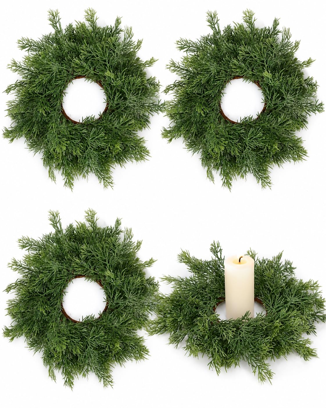 4 PCS Christmas Candle Rings Wreath Artificial Green Norfolk Cedar Mini Candle Ring Holder Small Wreaths for Xmas Cabinets Kitchen Windows Home Wedding Table Centerpiece Door Window Chair Wall