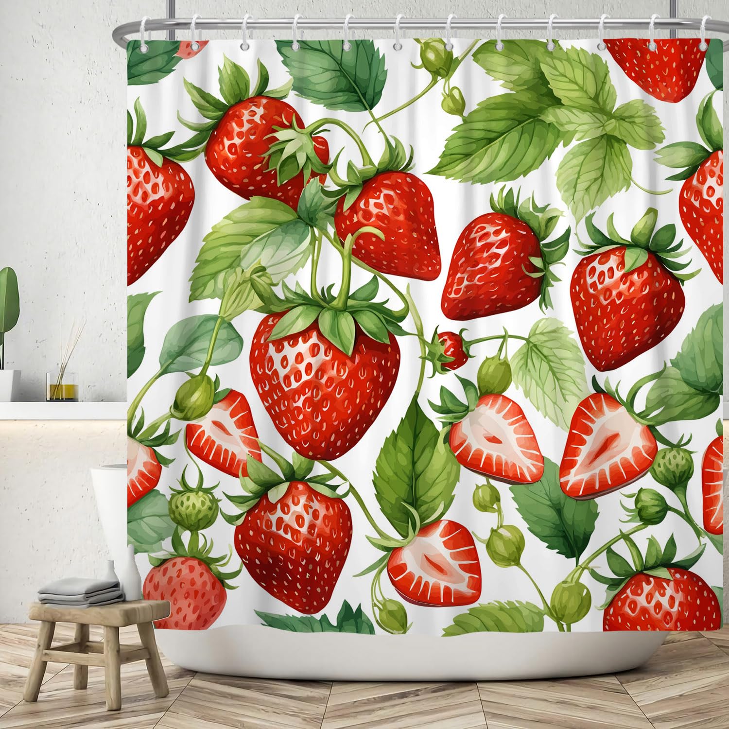 ASDCXZ Strawberry Shower Curtain 120x180 cm, Spring Summer Simplicity Red Strawberry Green Leaves White Washable Shower Curtains Polyester Textile Waterproof Bath Curtain for Bathtub with 8 Hooks โ image 1