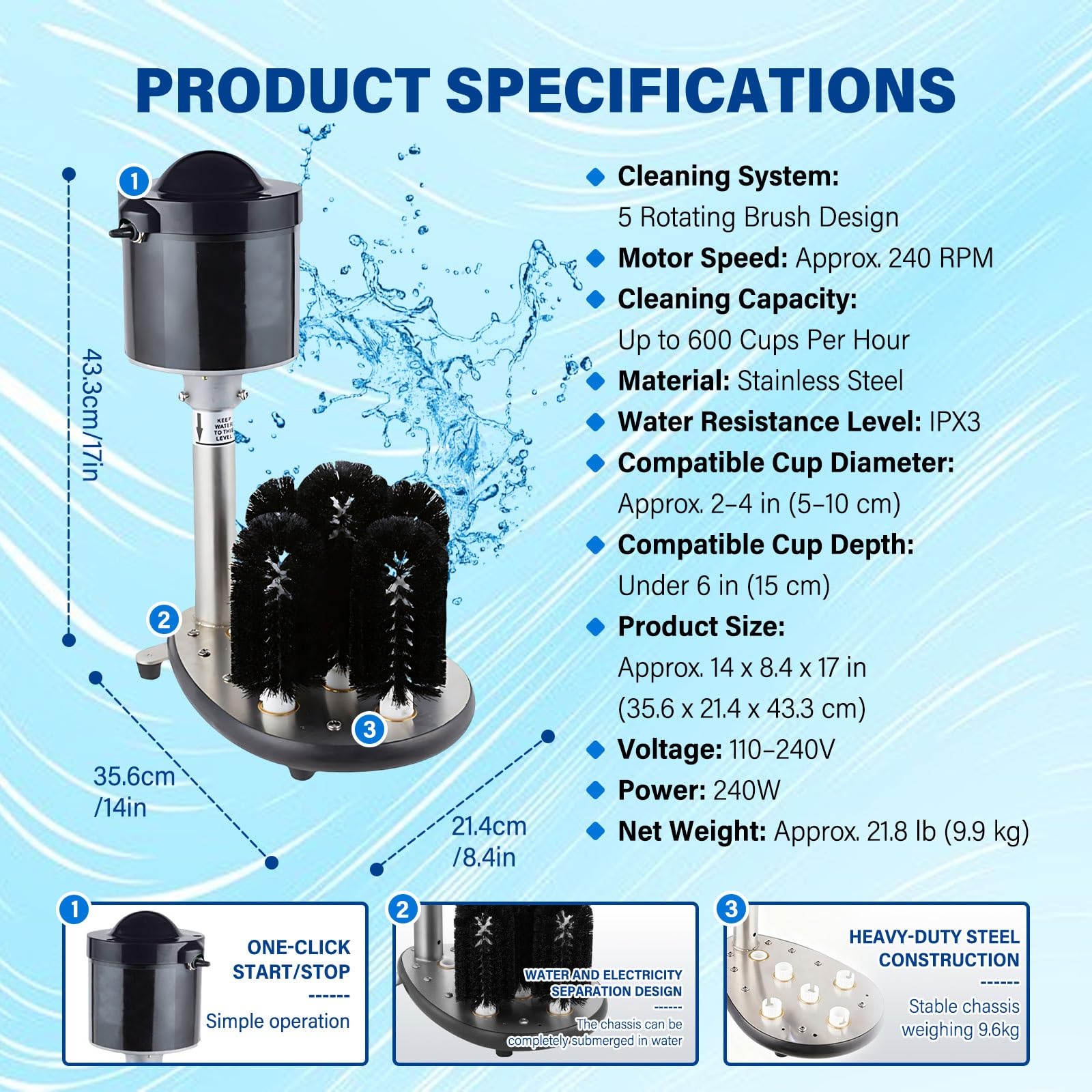 Limpiador De Vasos Profesional De Acero Inoxidable, Máquina Lavavasos Eléctrica Con 5 Cepillos Rotativos Para Bar, Cafetería, Hotel Y Cocina Comercial