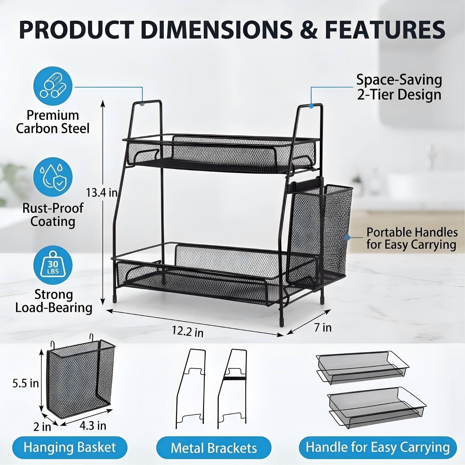 LEMIKKLE Organizer Bagno e Cucina, 2 Livelli Portaspezie, Portaoggetti per Profumi e Make Up (Nero)