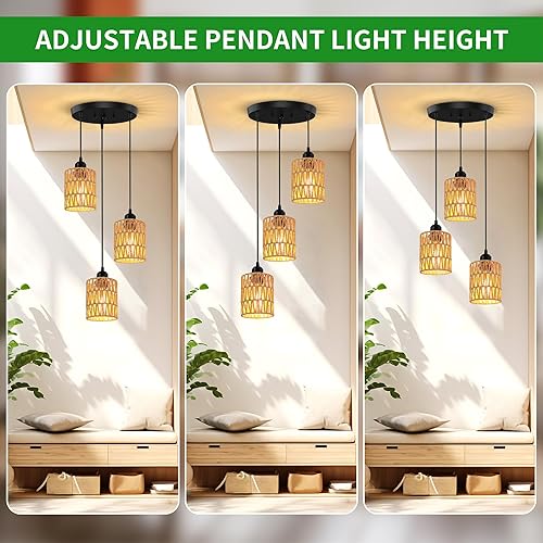 Miniatura 5 de Lámpara colgante de ratán de 3 luces, lámpara colgante bohemia con pantallas de mimbre tejidas a mano para comedor, isla de cocina, dormitorio, sala