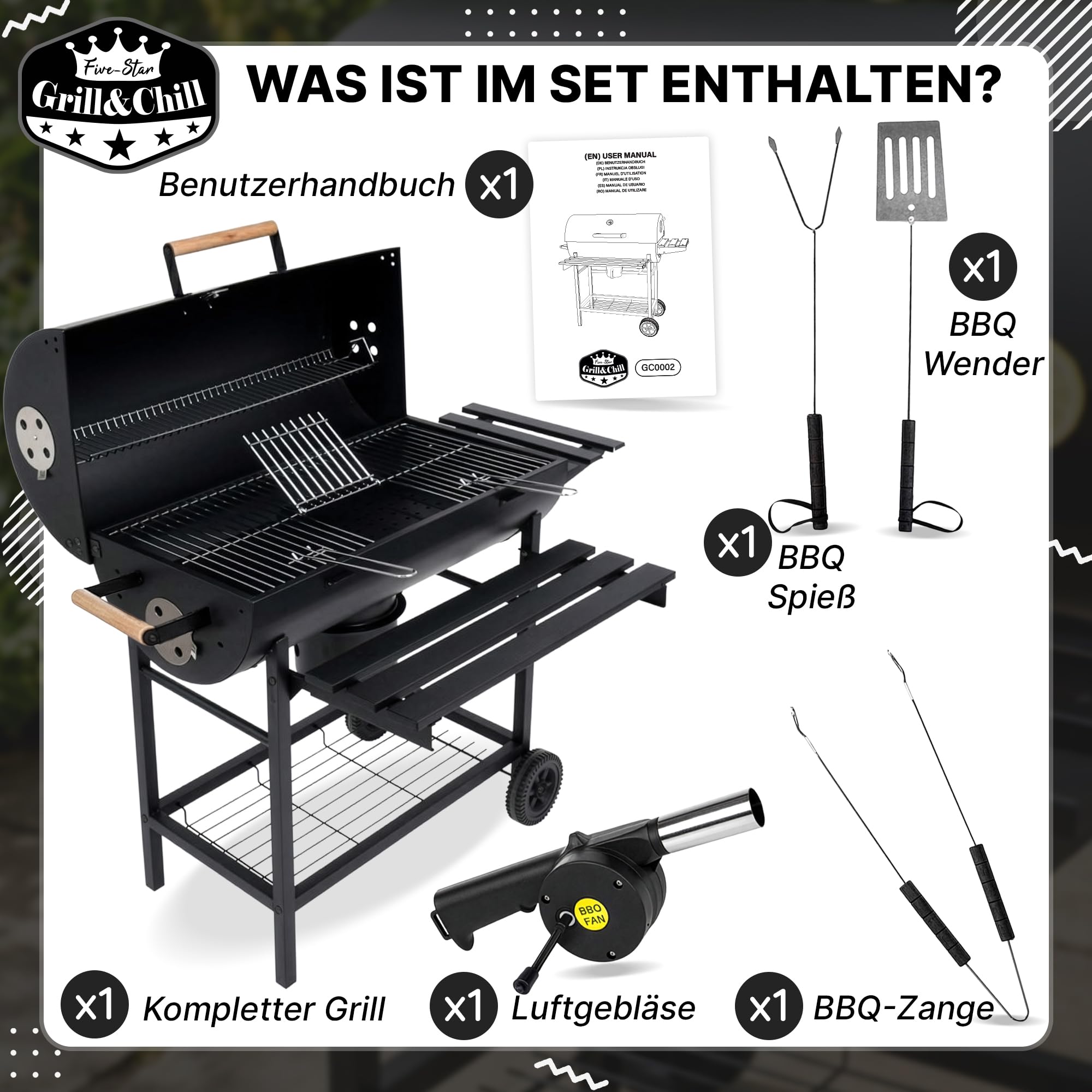 Five-Star Grill&Chill Holzkohlegrill mit Deckel – Großer Grillwagen mit Chromrost 71×35 cm & Thermometer – Für Garten & Terrasse – Aschekasten, Lüftungsöffnungen, 2 Räder