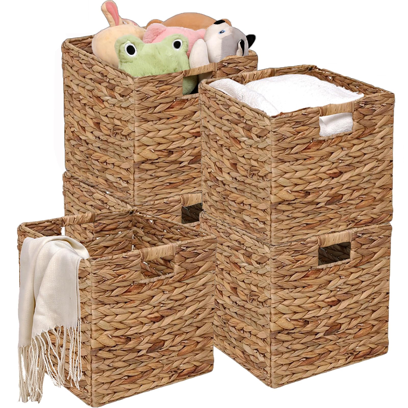 11x11in Wicker Storage Baskets Set of 5 Collapsible Water Hyacinth Basket for Organizing,Handwoven Woven Bins for Bedroom,Living Room,Shelves -
