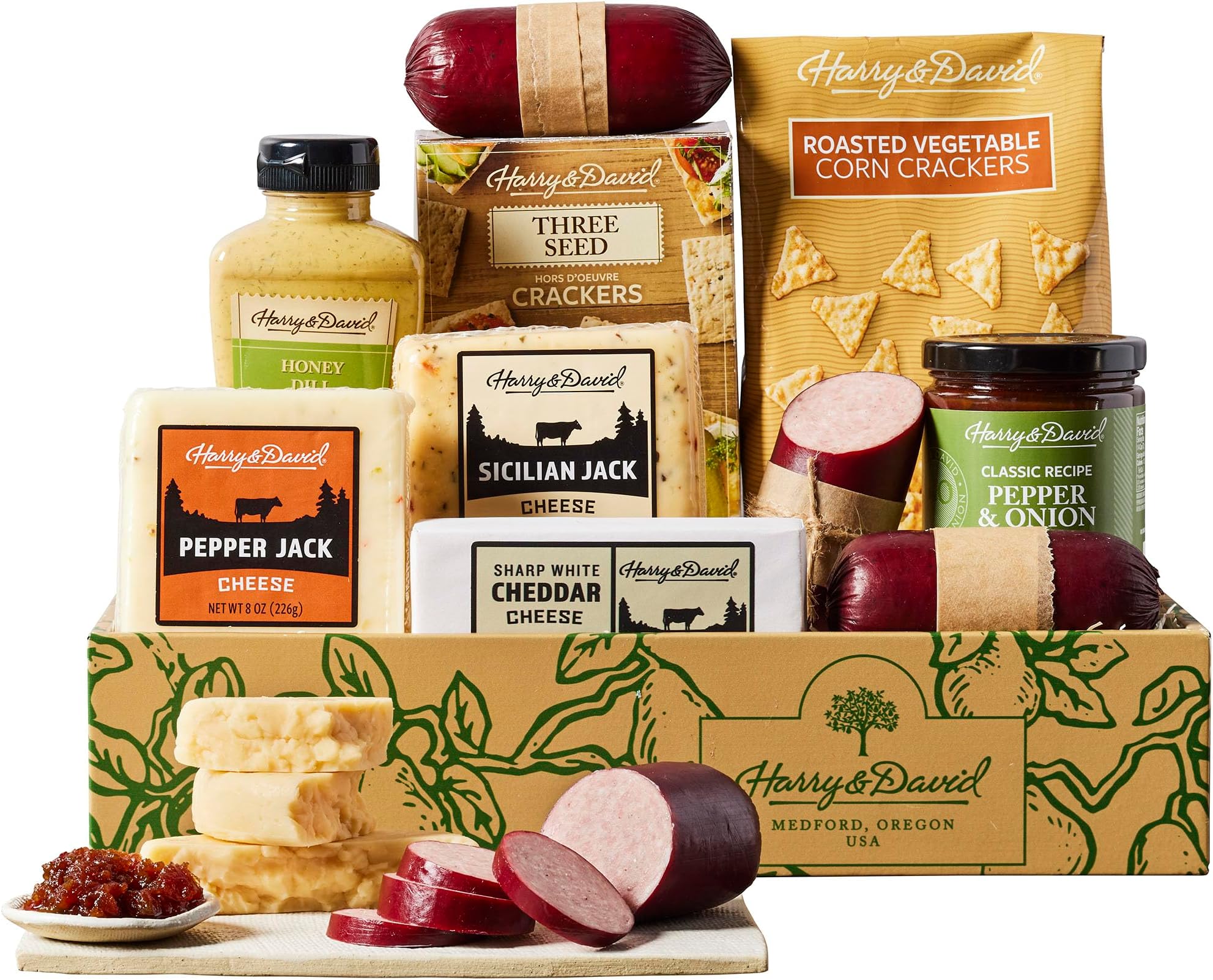 Harry & David Supreme Meat And Cheese Gift Box, Food Basket, Charcuterie | Charcuterie Platter, Food Baskets with 4 Cheese Blocks, 4 Sausages, 2 Sets of Crackers, Relish & Honey Mustard Sauces