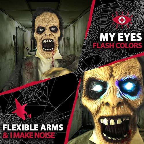 Miniatura 14 de Haunted Hill Farm - Zombie animatrónico HHZOMB-1FLSA tamaño real, color 1 Zombie de pie de 71",Víctor el zombi de 63",Camarero de pie