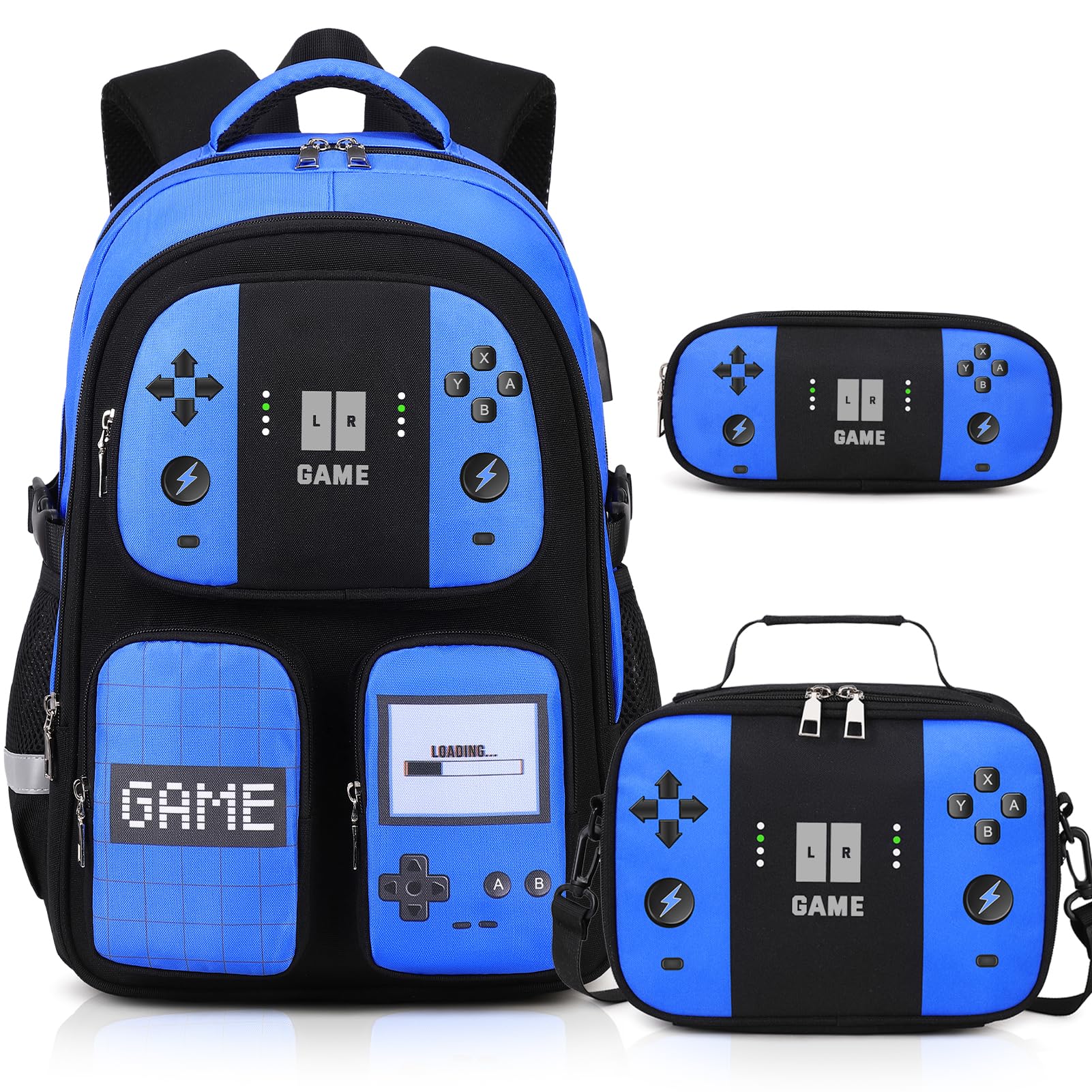 Gamer Backpack for Boys 3PCS Boys Backpack with Lunch Box Pencil Pouch Waterproof School Bags for Boy Kids
