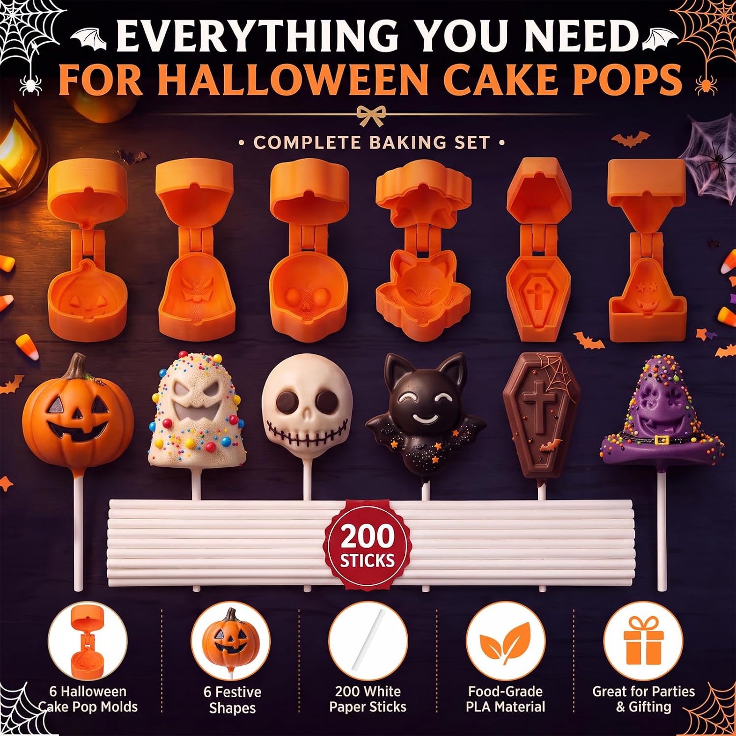 6 Pcs Halloween Cake Pop Mold with 200 Sticks Halloween