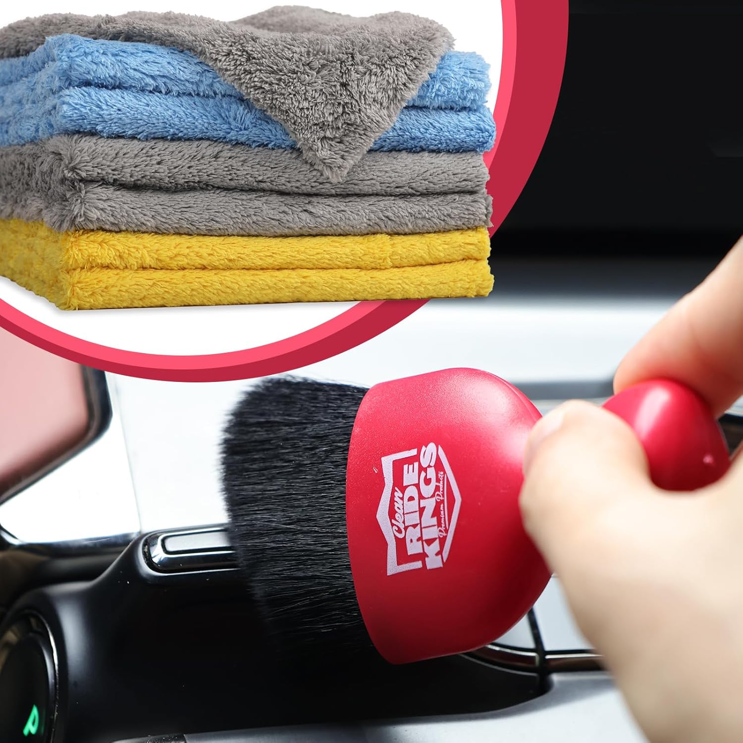 Red Car Detailing Brush with 6 Packs Car Washing Towel - Long