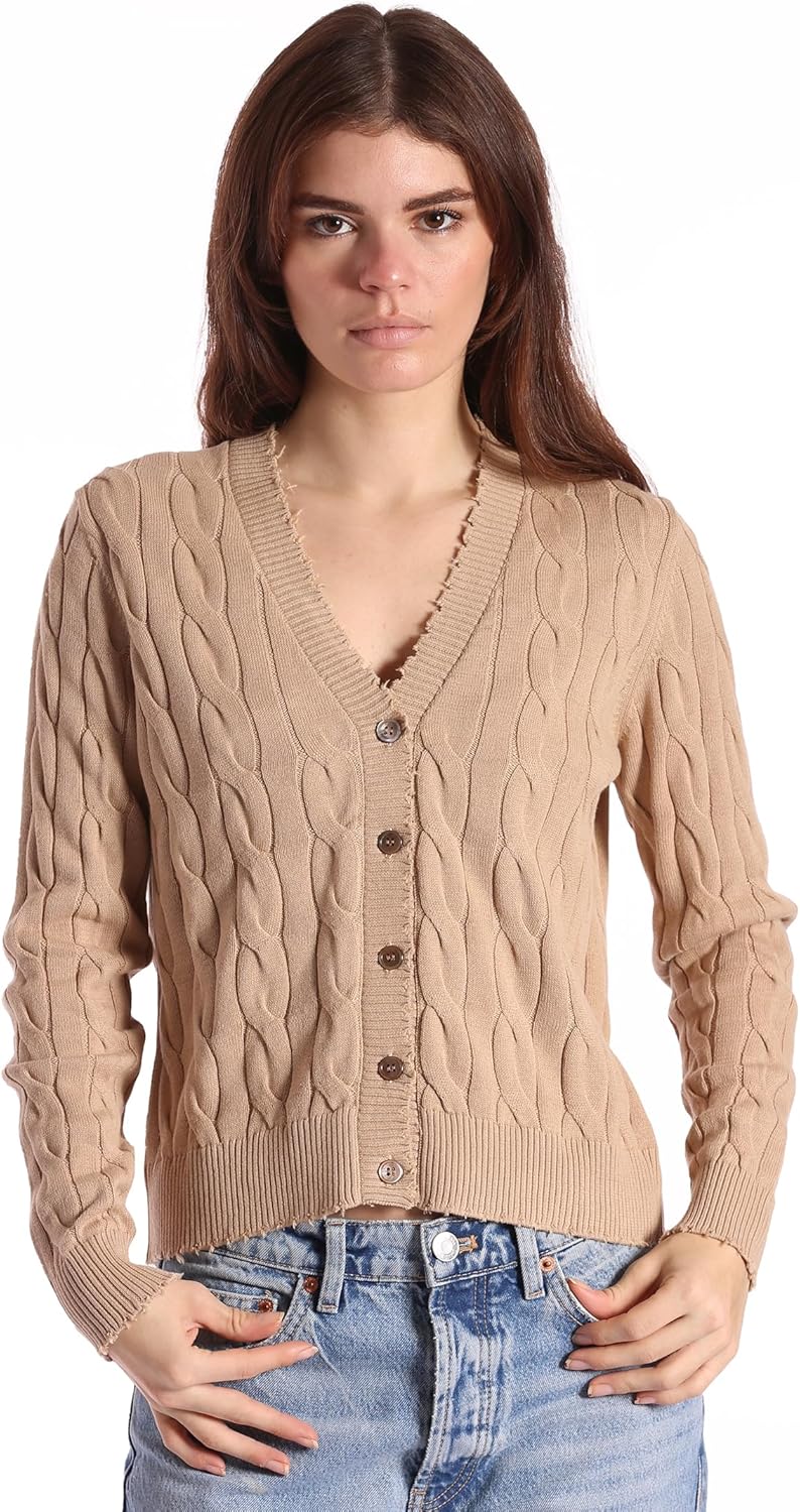 Minnie Rose Women’s Long Sleeve V Neck Cotton Frayed Cardigan Sweater