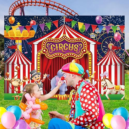 Miniatura 7 de DIZHI Cartel de fondo rojo de carnaval para fiestas de circo para niños y niñas, decoración de feliz cumpleaños, festivales y accesorios de fotos de
