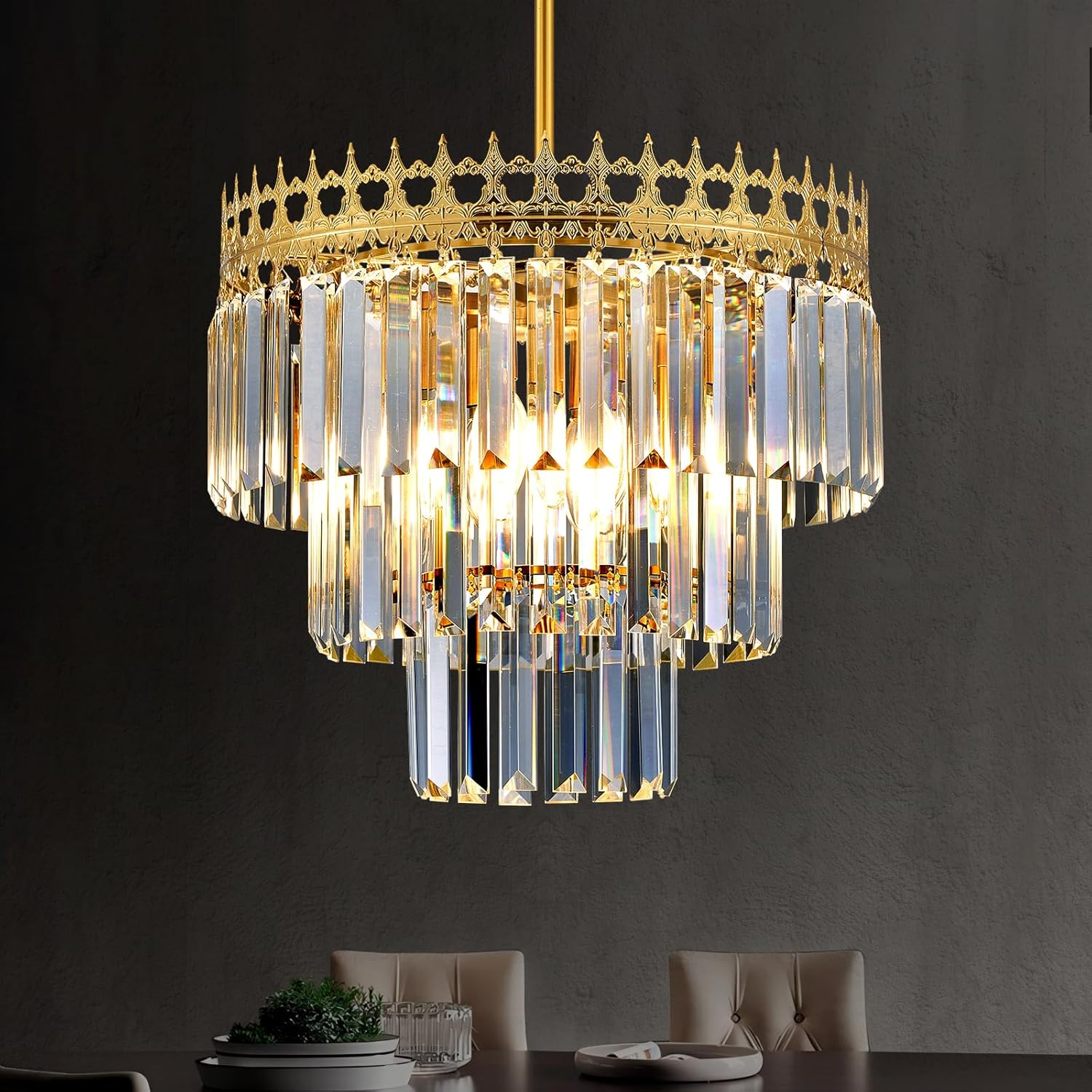 16'' Gold Crystal Chandelier,6-Light Modern Chandeliers for Dining Room,3-Tiers Round Metal Pendant Light Fixture for Kitchen Island Living Room Bedroom Entryway