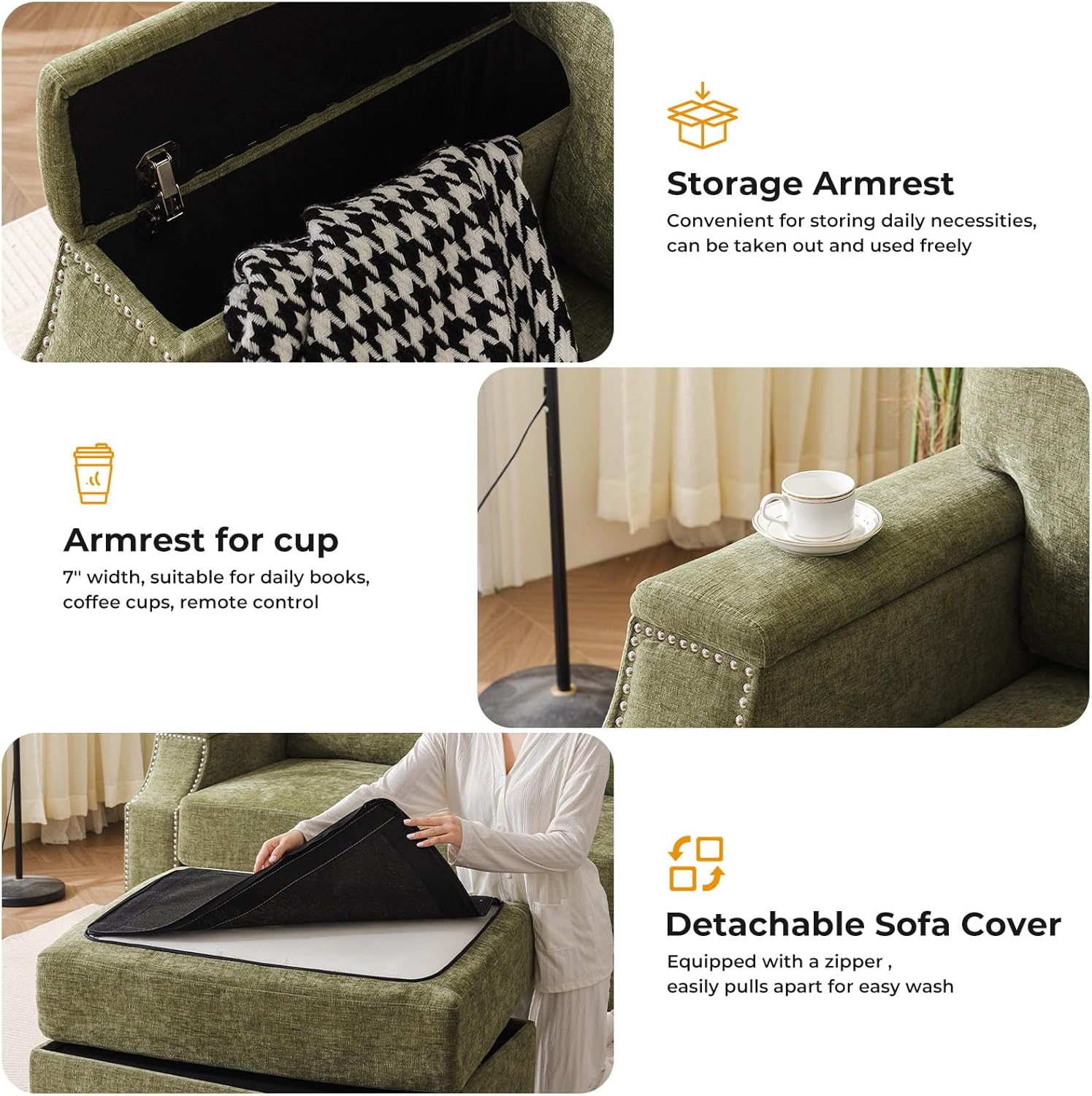 85" Sectional Sofa Couch with Storage Ottoman,L Shaped Couch with Armrest Organizer,3-Seater Sofa,Sofa and Chair Set,Couches for Living Room,Bedroom,Apartment,Chenille,Green