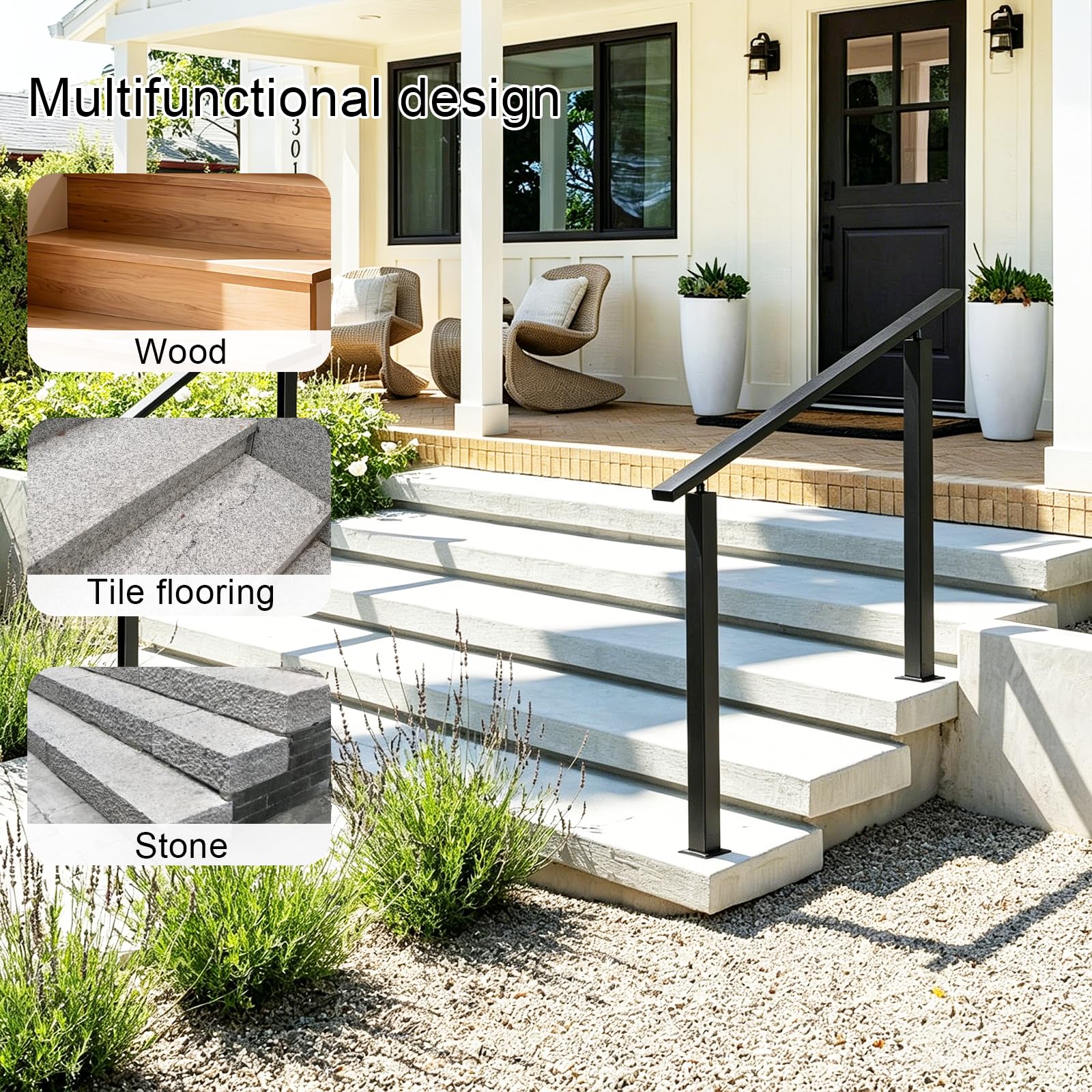 Pasamanos Escalera, Tubo Cuadrado Negro, Barandilla Escalera Exteriores con Ajuste De áNgulo Flexible, Pasamanos De Hierro Forjado para 2-3 Escalones, Interior Exterior (Negro)