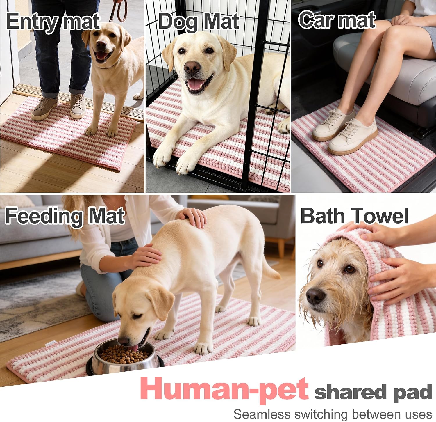 pobopobo Dog Door Mat for Muddy Paws - Absorbent & Washable Chenille Rug, Non-Slip Dirt Trapper for Indoor Outdoor Entryway, Quick Dry Pet Mat for Muddy Dogs (Striped Pink&White, 36" x 24")