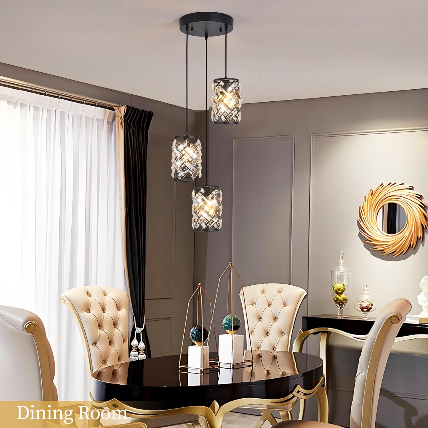 Black Crystal Pendant Lights Kitchen island, Adjustable Hanging Chandelier with Ambient Lighting, 51 Inch Chain, E12 Base, Plated Modern Farmhouse Fixture for Dining Room, Bedroom, Living Room