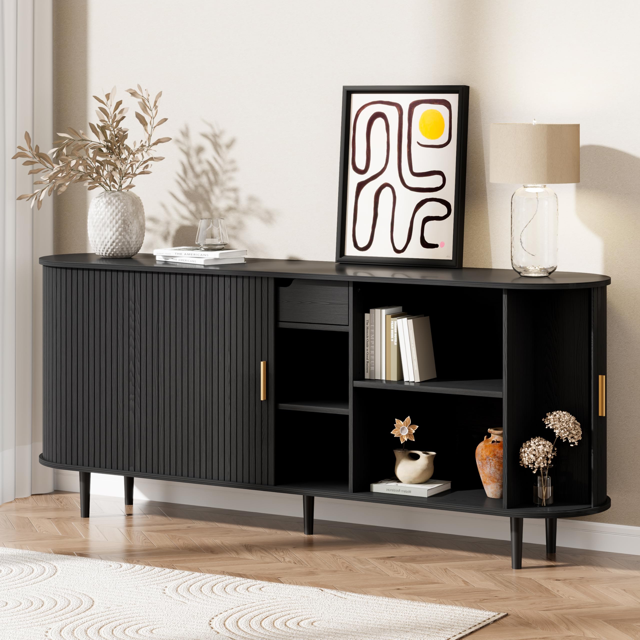 71" Sideboard Buffet Cabinet with Storage,Large Credenza with Sliding Doors and 1 Drawer,Mid Century Modern Coffee Bar Cabinet with Adjustable Shelves for Dining Room, Kitchen, Living Room (Black)