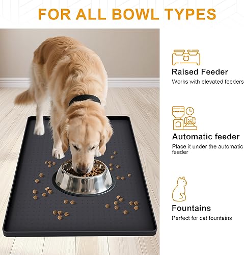 Miniatura 6 de Mofason Tapete impermeable para comida para mascotas, tapete para perros de 24 x 16 pulgadas, grande  0.5 pulgadas, borde elevado, mantel individual