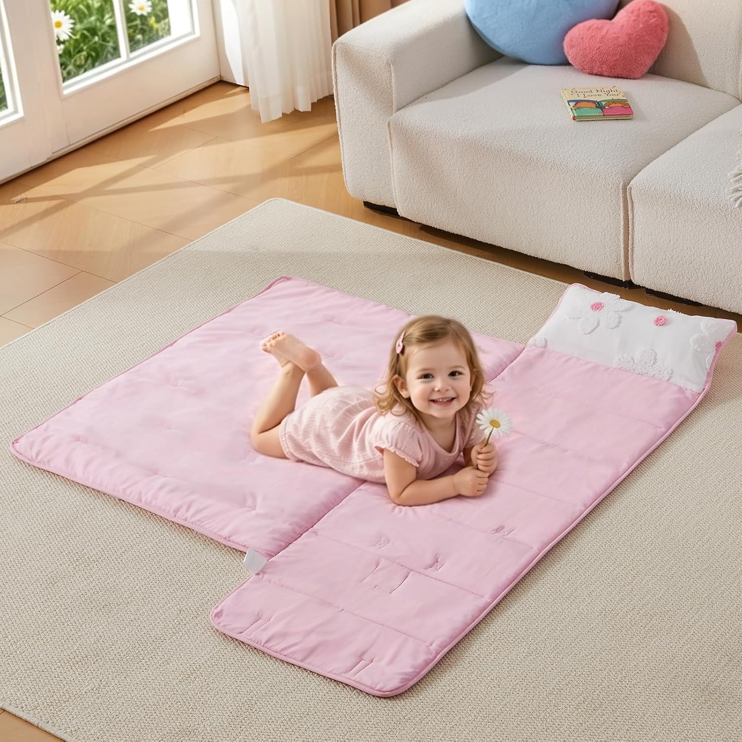 Kids Rest Mat for Preschool Daycare, Pink/Purple Tufted Daisies Portable Foldable Mat for Children Ages 3-6, Boys and Girls
