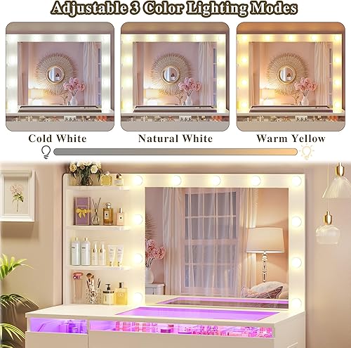 Miniatura 4 de Escritorio de tocador con espejo iluminado y parte superior de cristal, escritorio de tocador de maquillaje con 4 cajones transparentes e