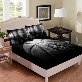 Tailor Shop Basketball Twin Size Fitted Sheet for Boys Kids Teens Ultra Soft Microfiber Sports Theme Black and Gray Basketball Fitted Sheet with 1 Fitted Sheet and 1 Pillowcase