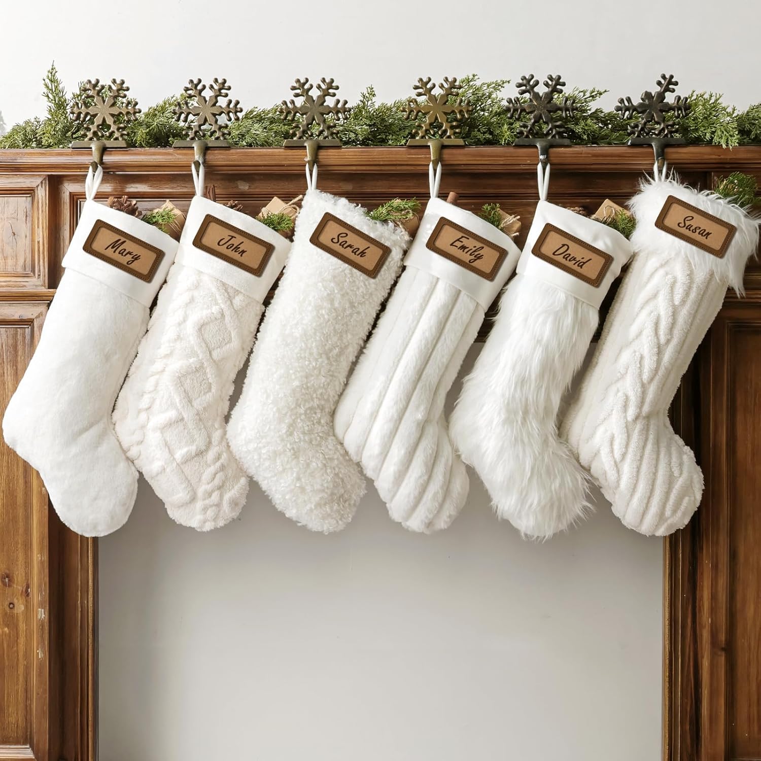 Christmas Stockings, 6 Pack 18 Inch Luxury Snow White Thick Plush Faux Fur Personalized Stockings with 6 Styles of Textured Patterns, Home Décor Party Christmas Decorations Gift for Mantal Fireplace