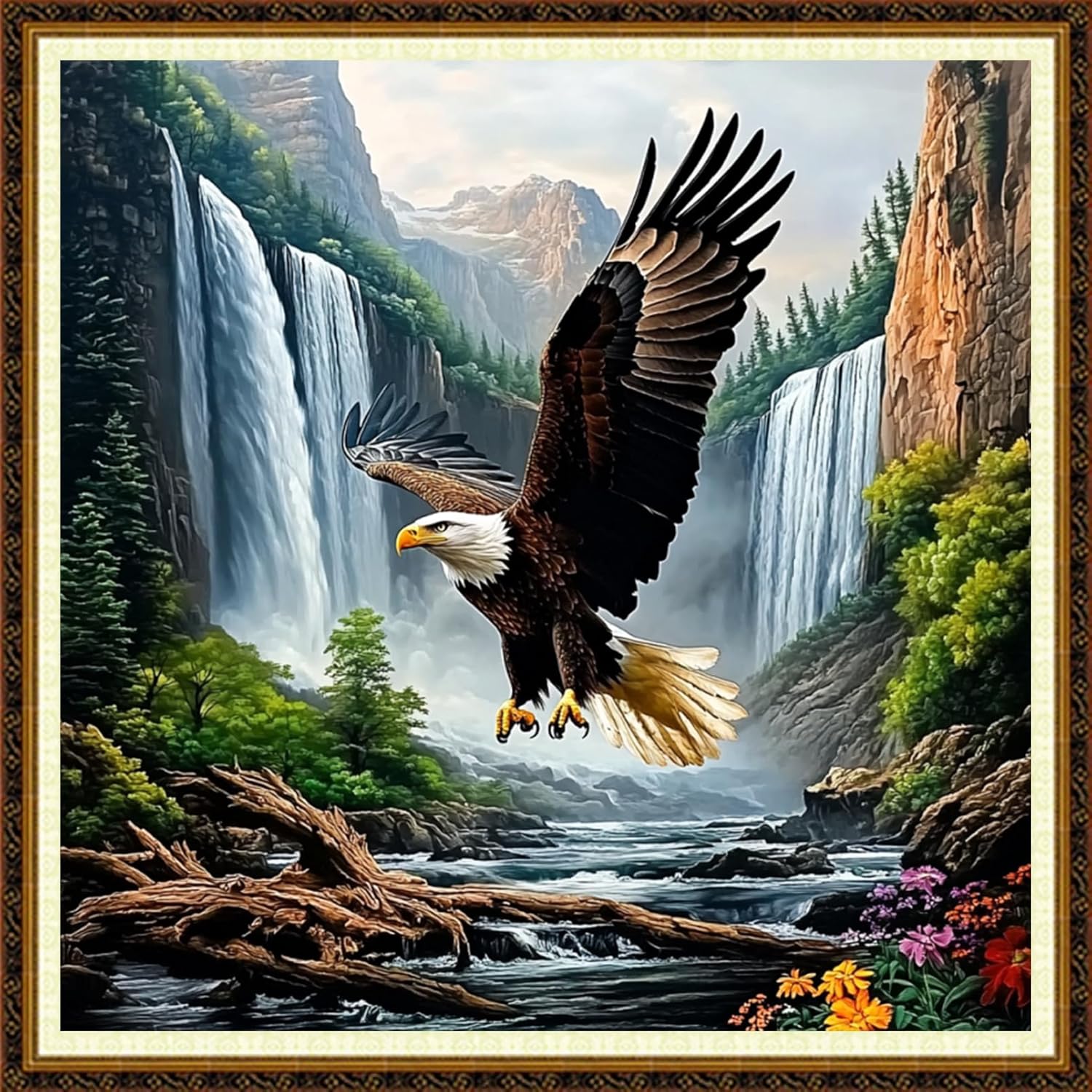 Redxing Counted Cross Stitch Kit for Beginners,Unprinted Needlepoint Kits for Beginners Cross Stitching Embroidery Kit 11CT Stitches kit-Eagle Waterfall 18x18 inch