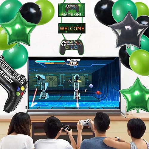 Miniatura 2 de Suministros de fiesta de videojuegos para niños y niñas, pancarta de juegos de feliz cumpleaños, decoración colgante de bienvenida, globos de
