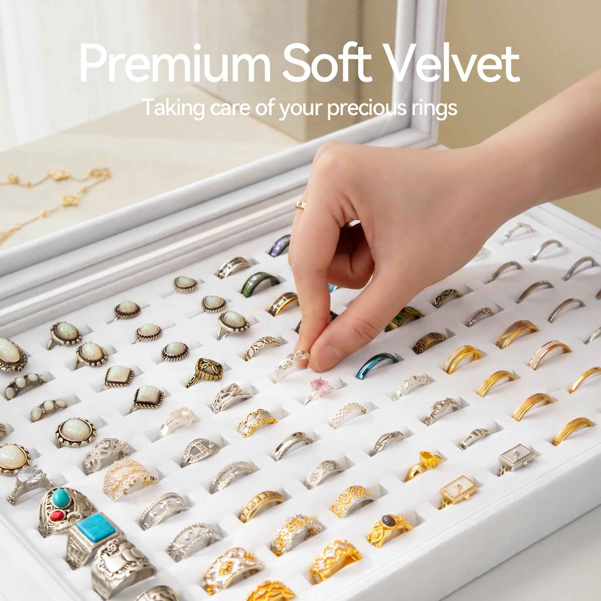Frebeauty Bandeja organizadora de anillos con 100 ranuras para anillo con tapa transparente, caja de almacenamiento de anillo de terciopelo, bandeja de anillo(Blanco)