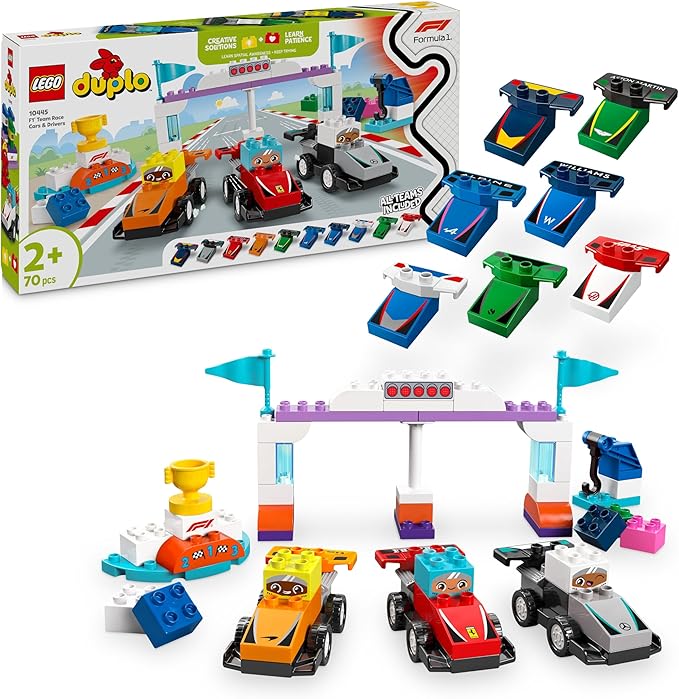 LEGO Duplo Mi Ciudad Coches de Carreras y Pilotos del Equipo de F1 - Juguete para Motricidad Fina para Niños y Niñas de 2+ Años - 10 Coches de Juguete con Semáforo y Trofeo - Idea de Regalo 10445