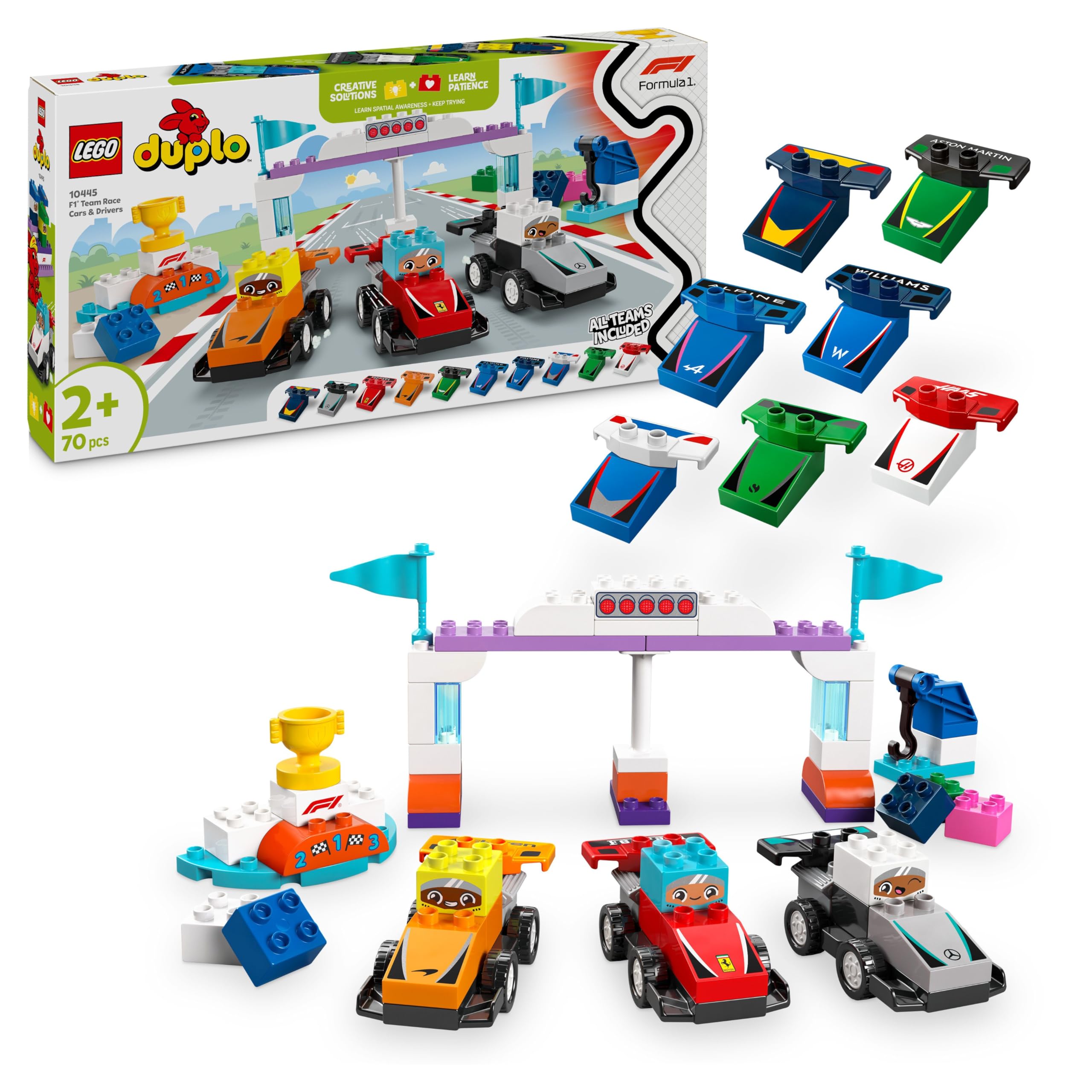 LEGO DUPLO Town F1 Team Rennautos mit Rennfahrern - Montessori Spielzeug für Mädchen & Jungen - Lernspielzeug für Kinder ab 2 Jahren - 10 Spielzeug Autos mit Kran, Startlichtern, Siegerpodest - 10445