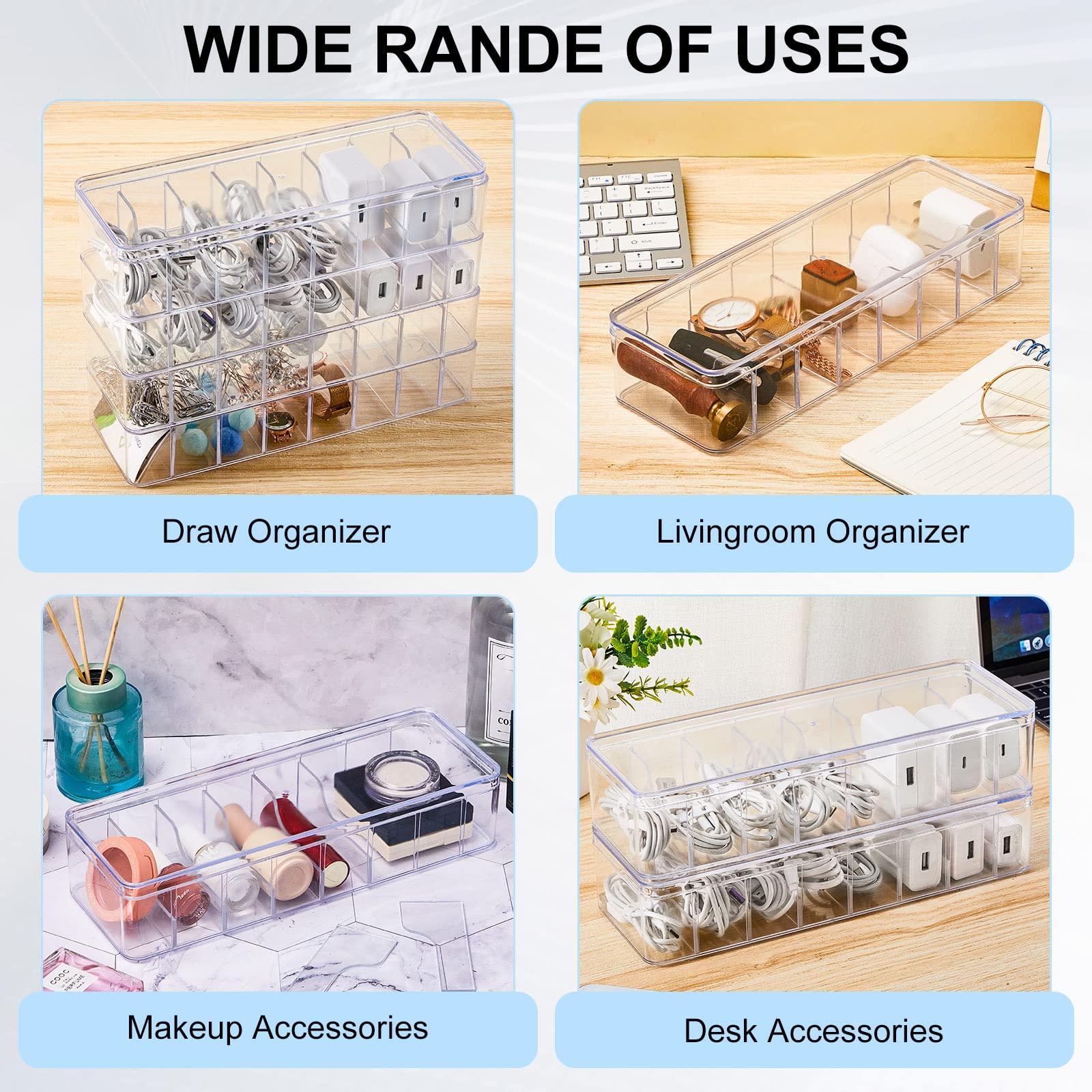 4 Pcs Cable Organizer Box with 40 Pcs Wire Ties, Clear Plastic Cord Storage Box with Lid, Electronics Organizer for Home Office Desk Organizers and Accessories