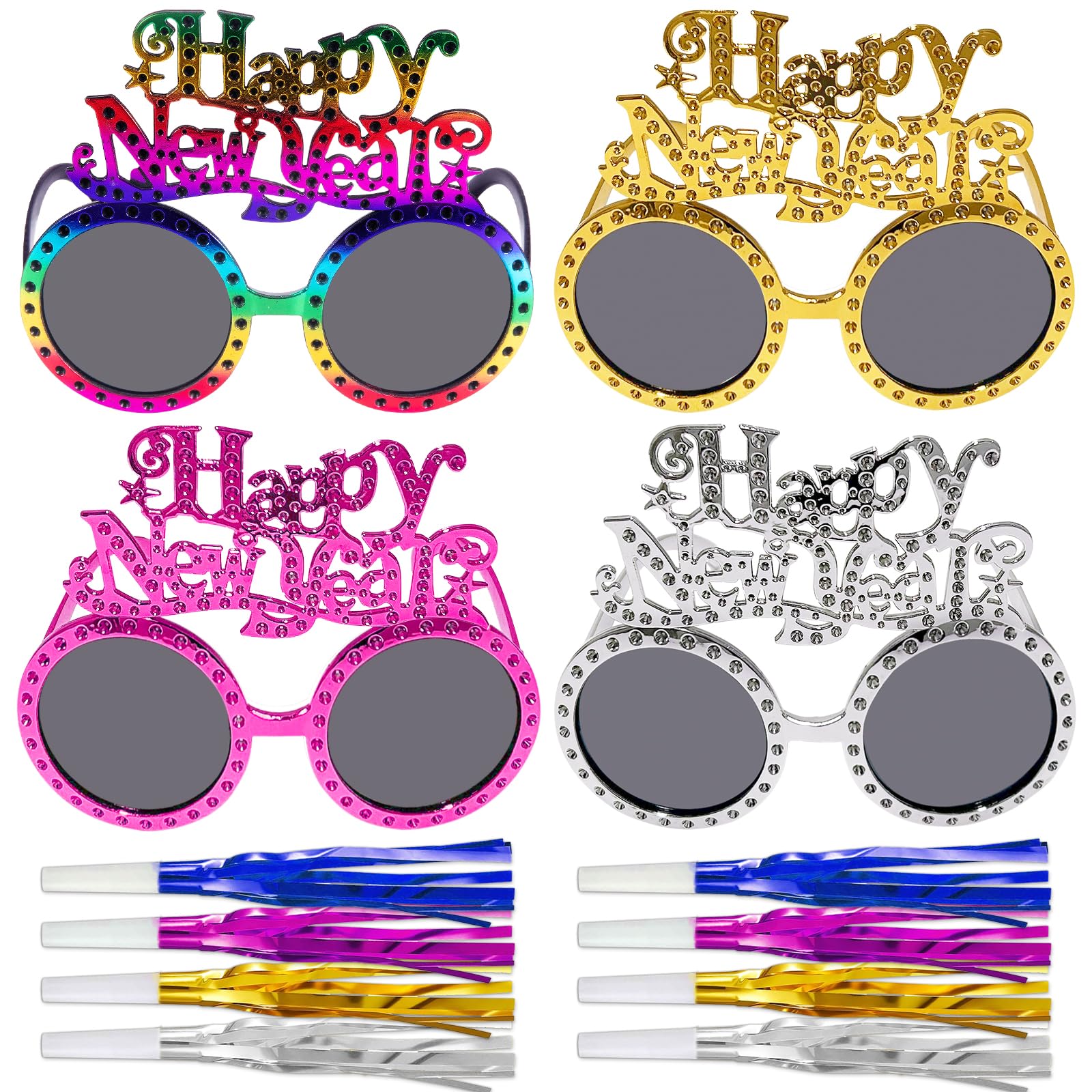 16 piezas de suministros para fiestas de Año Nuevo 2026, incluyendo lentes de feliz año nuevo y fabricantes de ruido con flecos metálicos 2026, gafas de sol divertidas de plástico para Año Nuevo