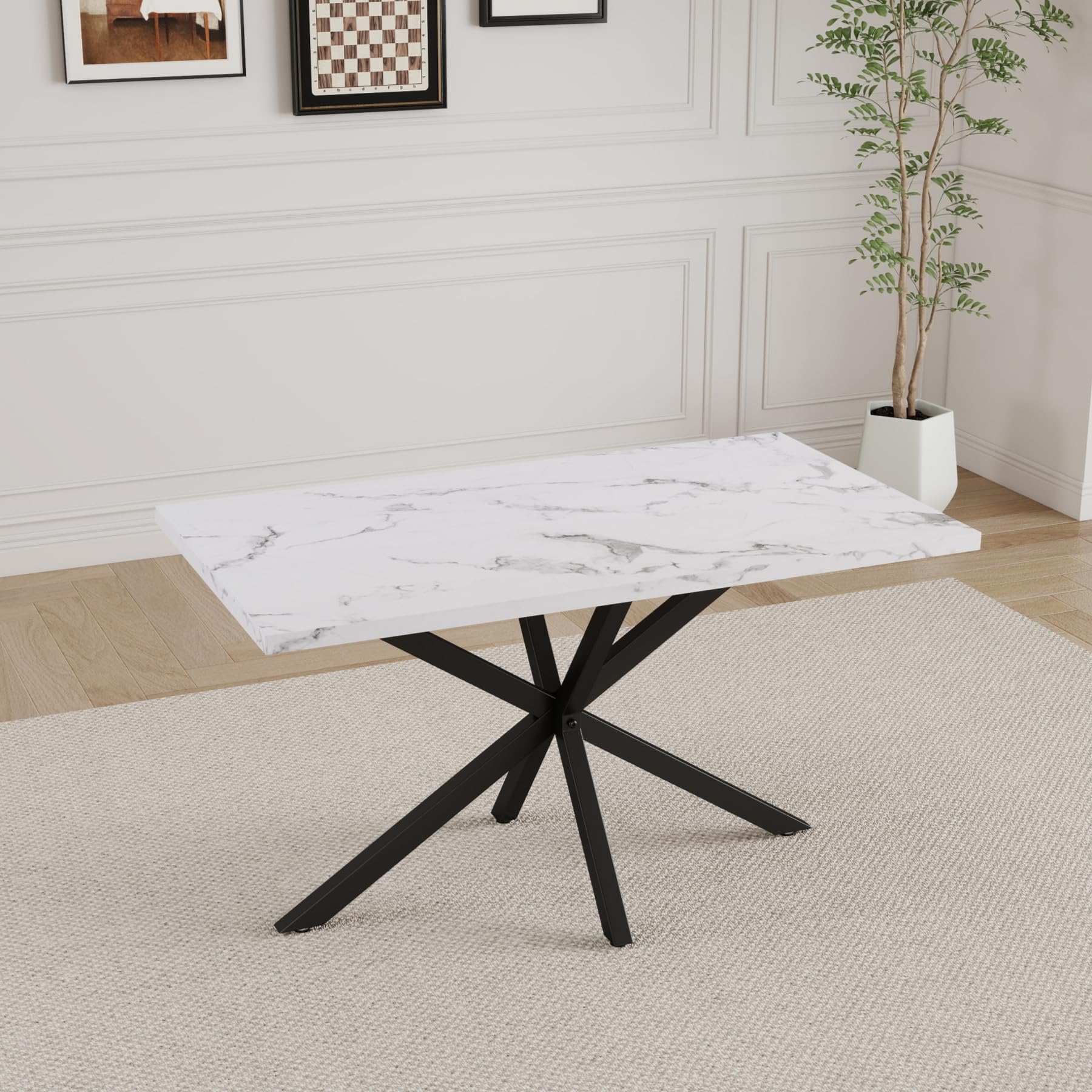 Table à manger 140 cm effet marbre moderne GrandCA HOME avec quatre pieds en métal WH+BK