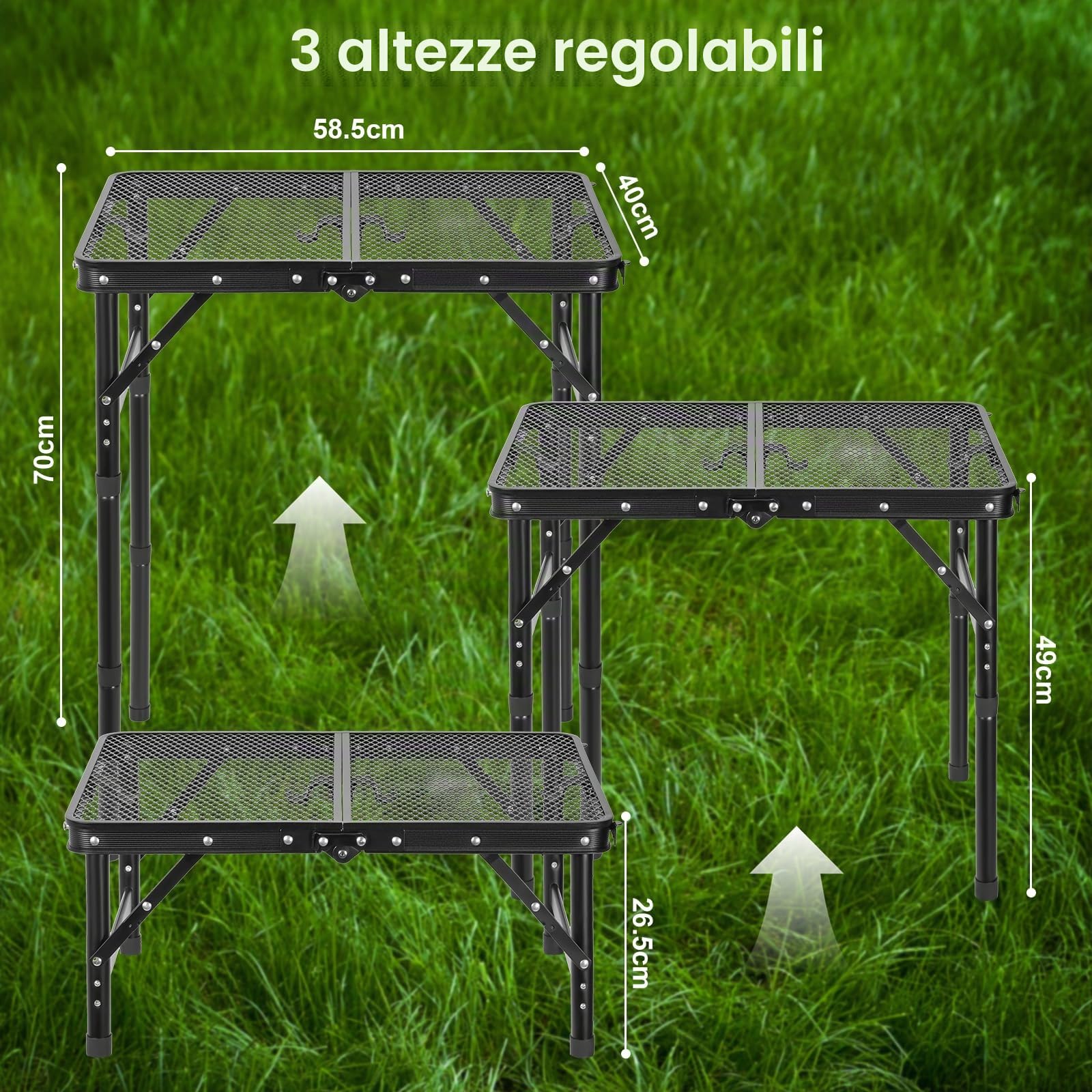 AKOZLIN Tavolo da campeggio pieghevole,3 regolabile in altezza,59×40×70cm | Tavolo multifunzione,Mesh Desktop,Maniglia portatile,Camping,Giardino,Balcone