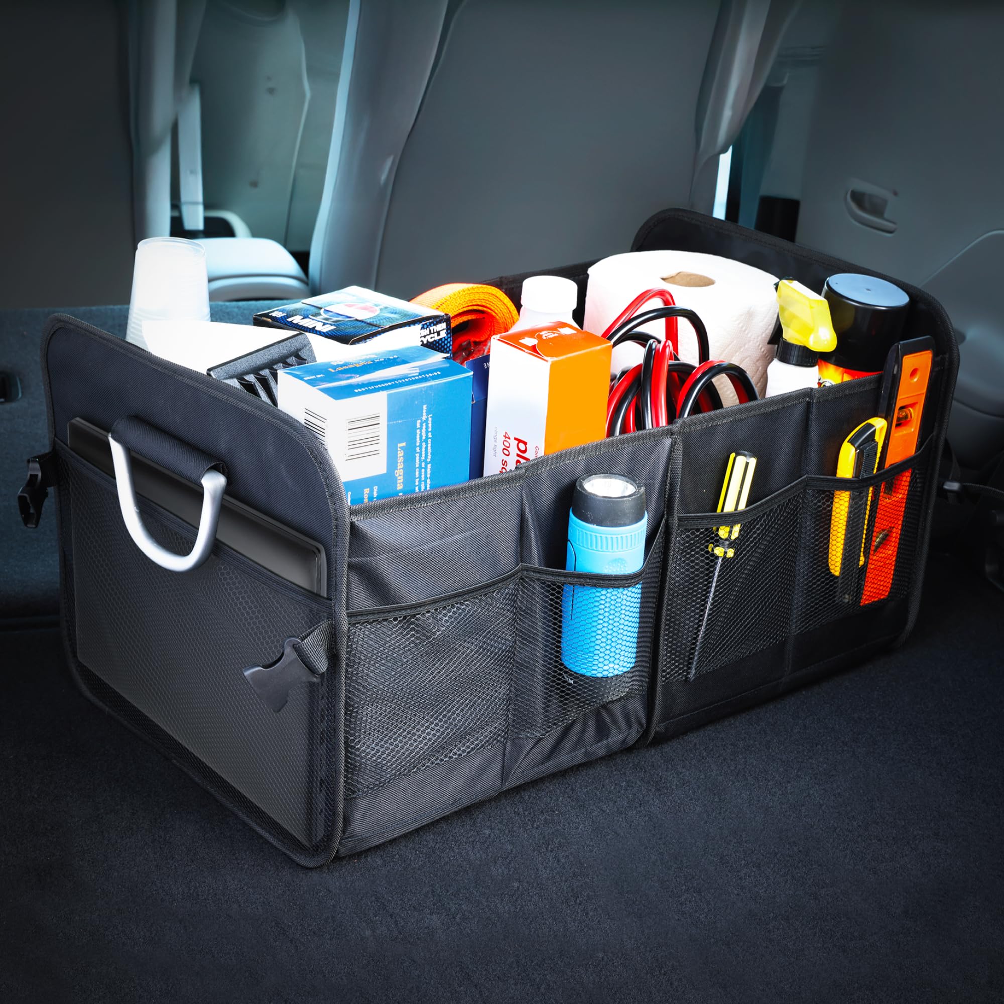 Armor All Kofferraum-Organizer für SUV und Auto, XL, robust, 8 Fächer, zusammenklappbar, wasserdicht, 2 Fächer und 6 Taschen, 61 x 37,1 x 32 cm, Aluminium-Griffe, Kompressionsschnallen