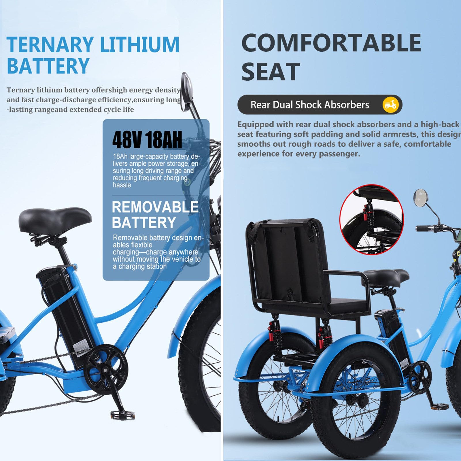 Triciclo Eléctrico De 24 Pulgadas Con Neumáticos Anchos Y Asiento Para Pasajero, 48 V/18 Ah Electric Tricycle, Carga MáXima: 150 Kg, Pantalla Lcd Y Faro Delantero, Para Ciudad Y MontañA. Black
