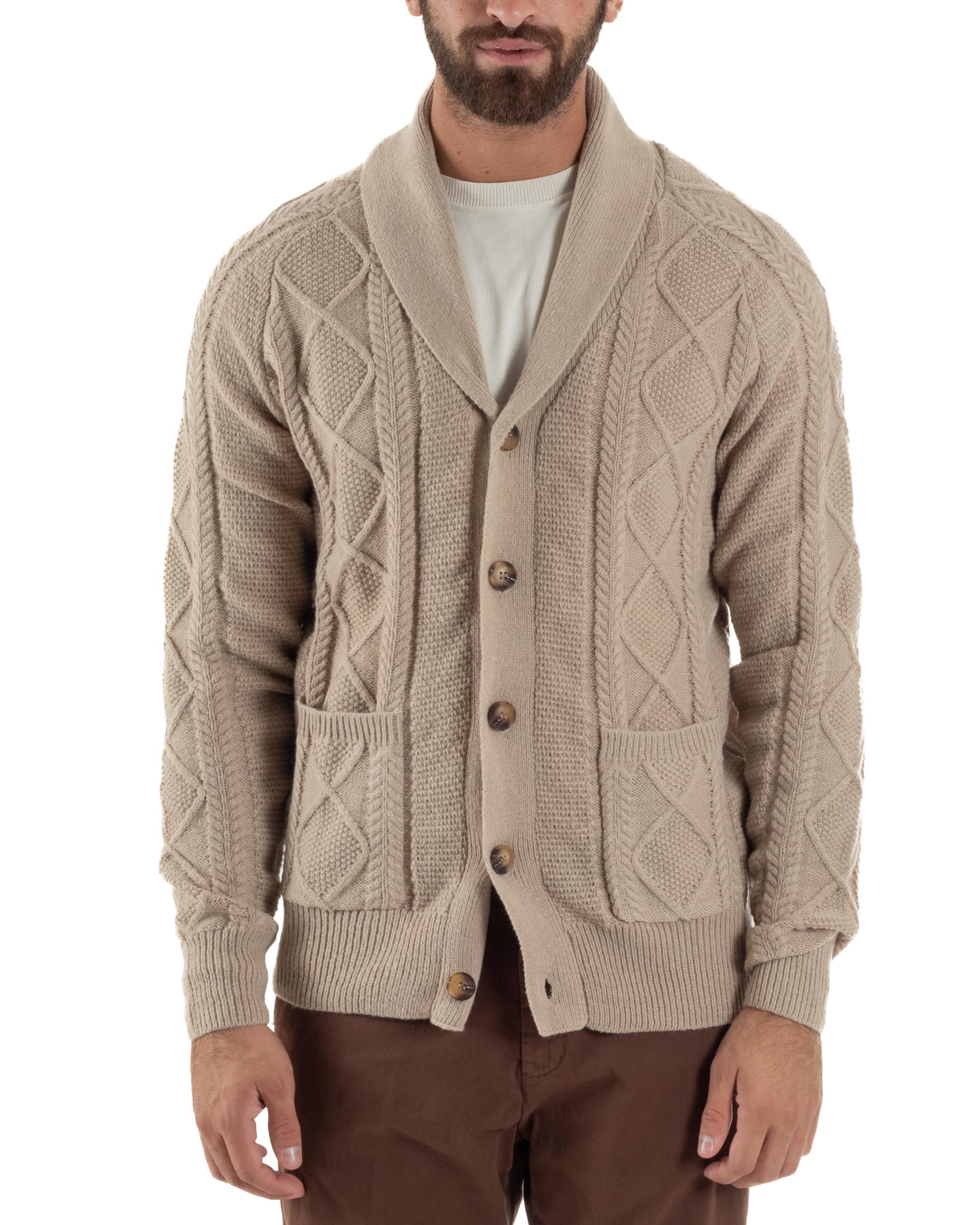 Cardigan Uomo Giacca con Bottoni Maglia Collo Sciallato Maglione con Trecce Vari Colori Casual