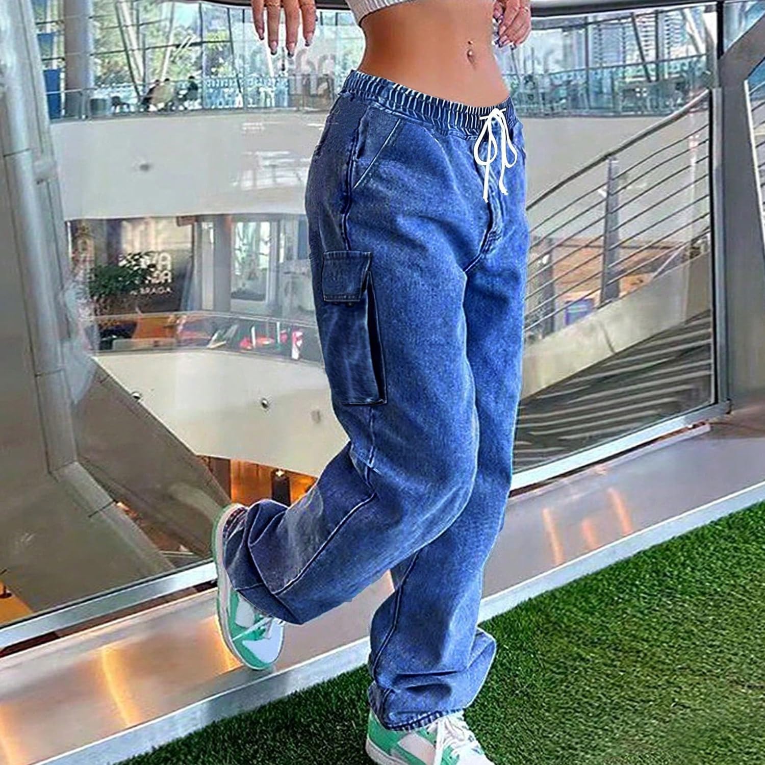 Mid Rise Cargo Jeans Women Elastic Waist Stretch Wide Leg Denim Pants with Pockets Baggy Streetwear Pants y2k - Image 2
